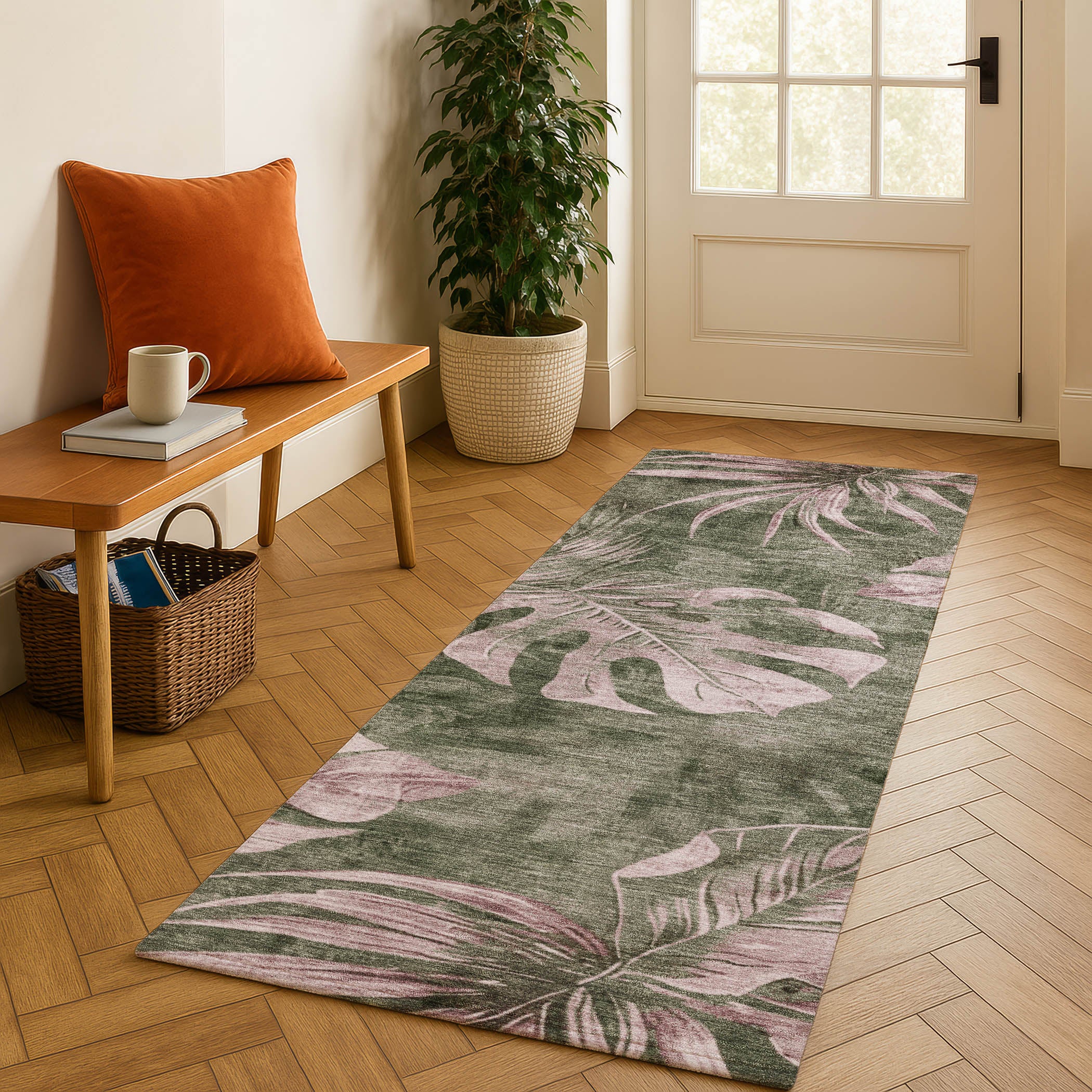 Tbilisi Machine Washable Transitional Olive Green Rug 2'3" x 7'6" #shape_Runner