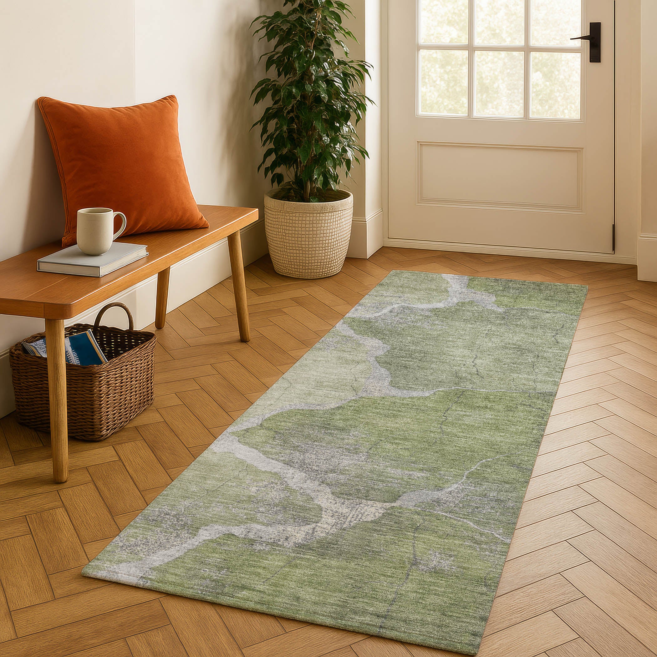 Hoi An Machine Washable Transitional Green Rug 2'3" x 7'6" #shape_Runner