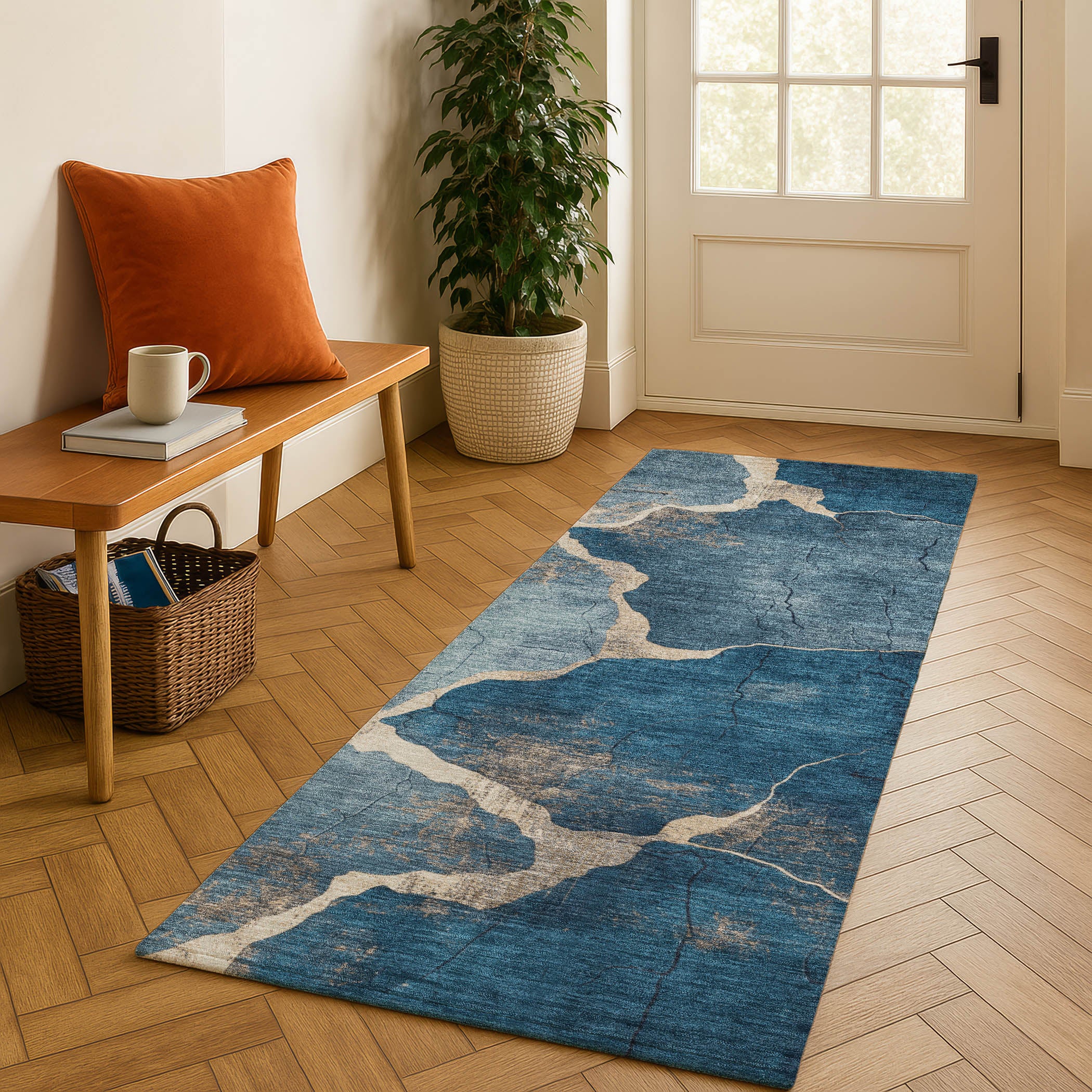 Hoi An Machine Washable Transitional Navy Blue Rug 2'3" x 7'6" #shape_Runner
