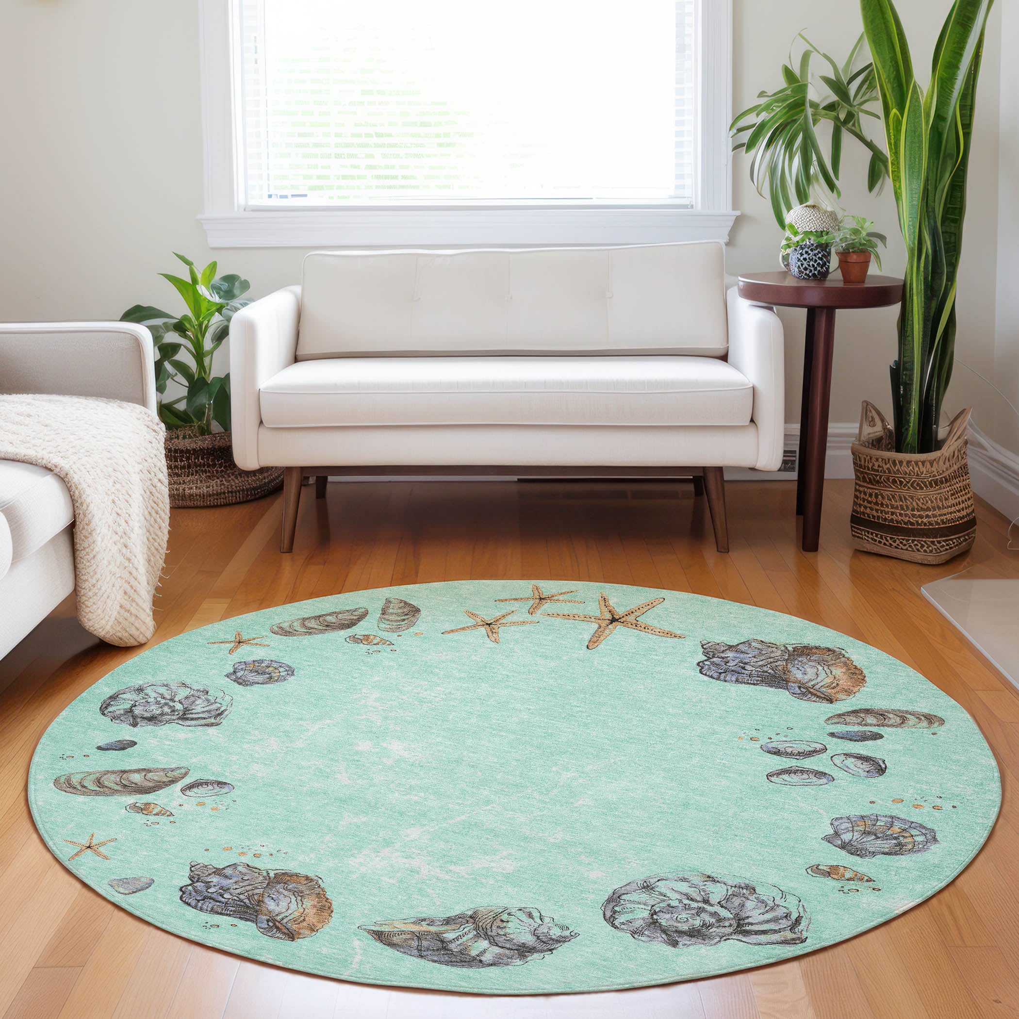 Florence Machine Washable Coastal Green Rug 8' x 8' #shape_Round