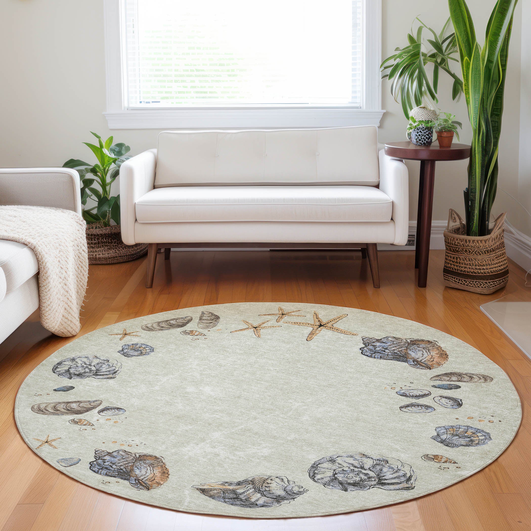 Florence Machine Washable Coastal Oyster Ivory Rug 8' x 8' #shape_Round