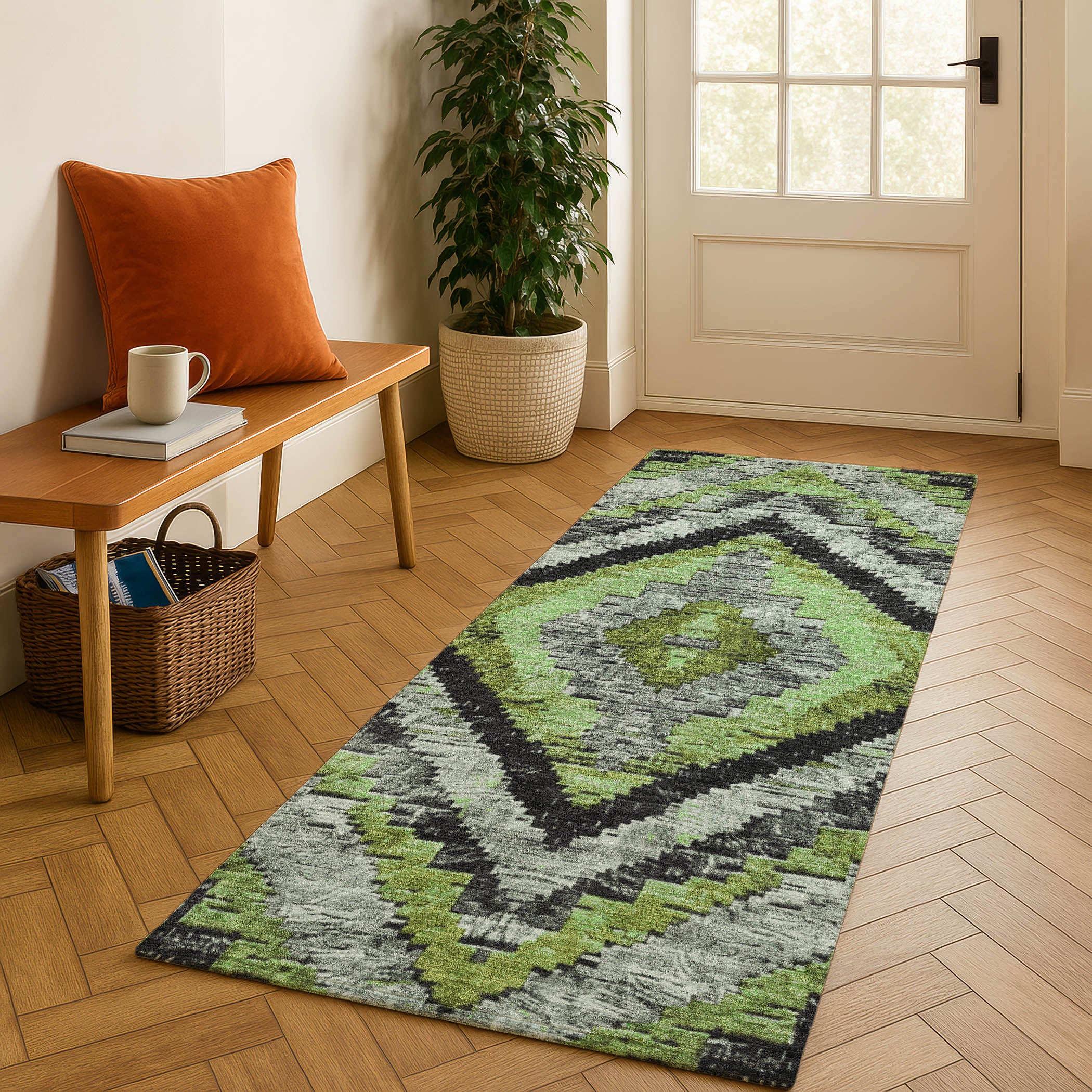 Porto Machine Washable Transitional Aloe Green Rug 2'3" x 7'6" #shape_Runner