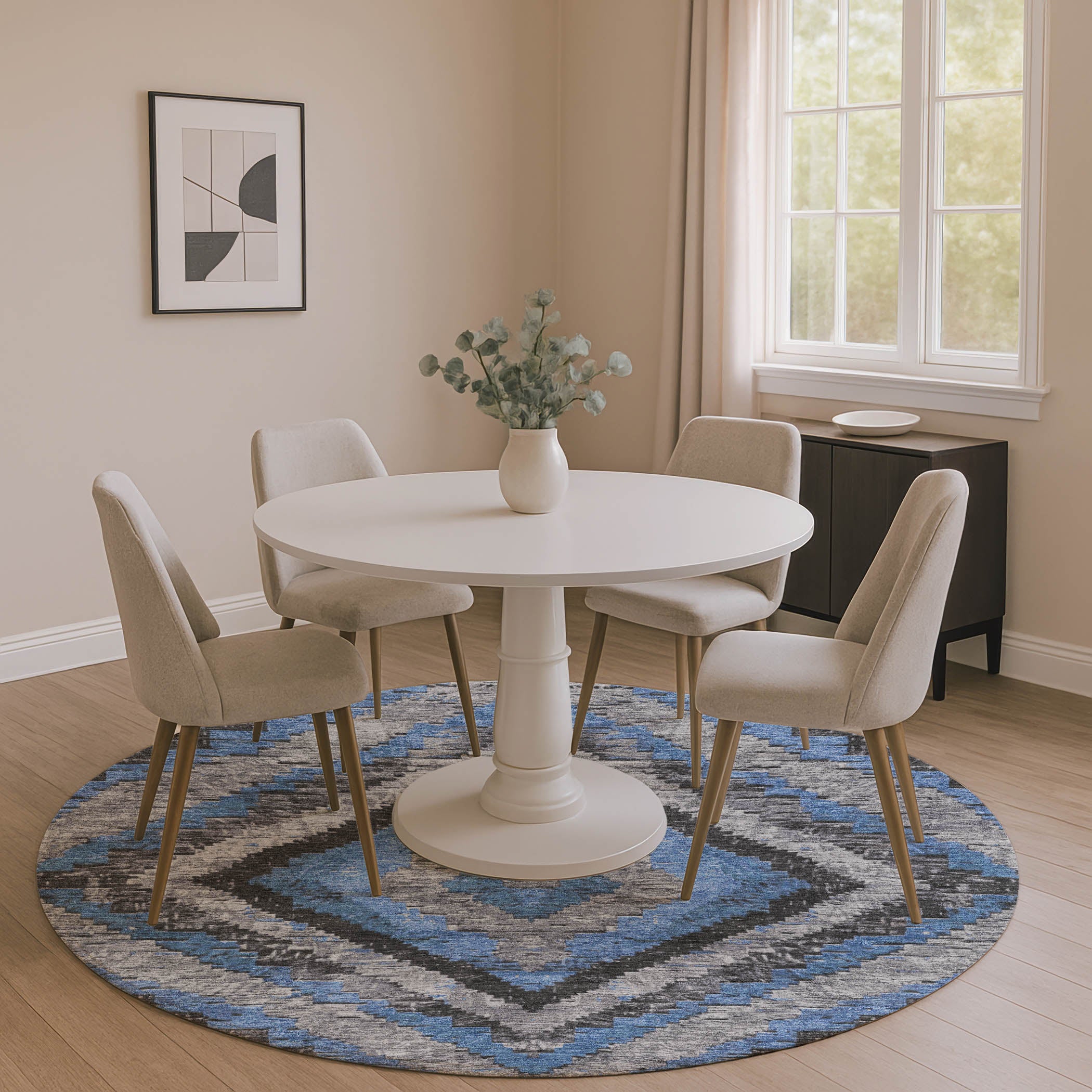 Porto Machine Washable Transitional Blue Rug 8' x 8' #shape_Round