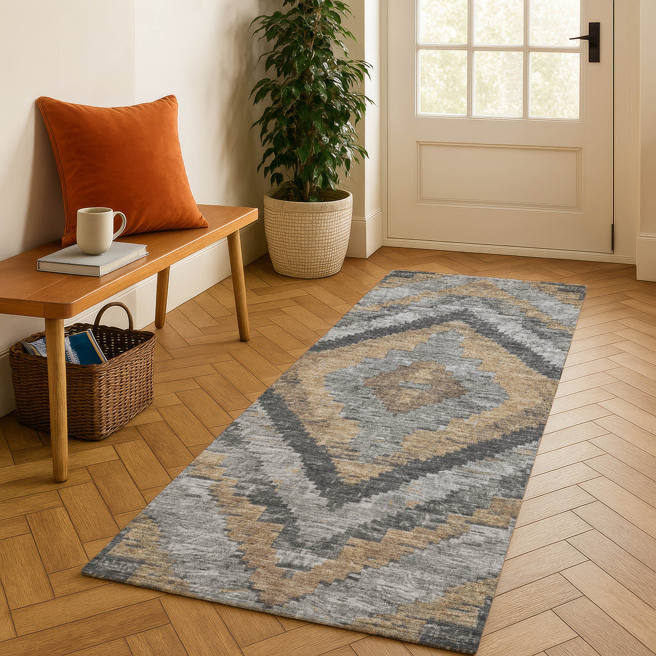 Porto Machine Washable Transitional Khaki Brown Rug 2'3" x 7'6" #shape_Runner