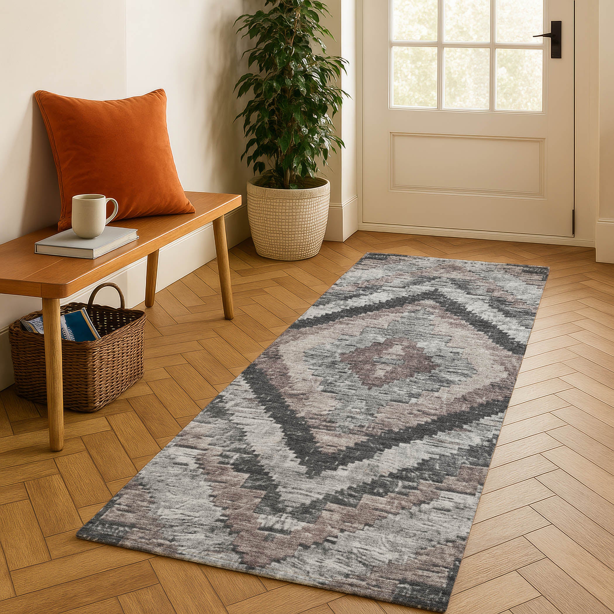 Porto Machine Washable Transitional Taupe Brown Rug 2'3" x 7'6" #shape_Runner