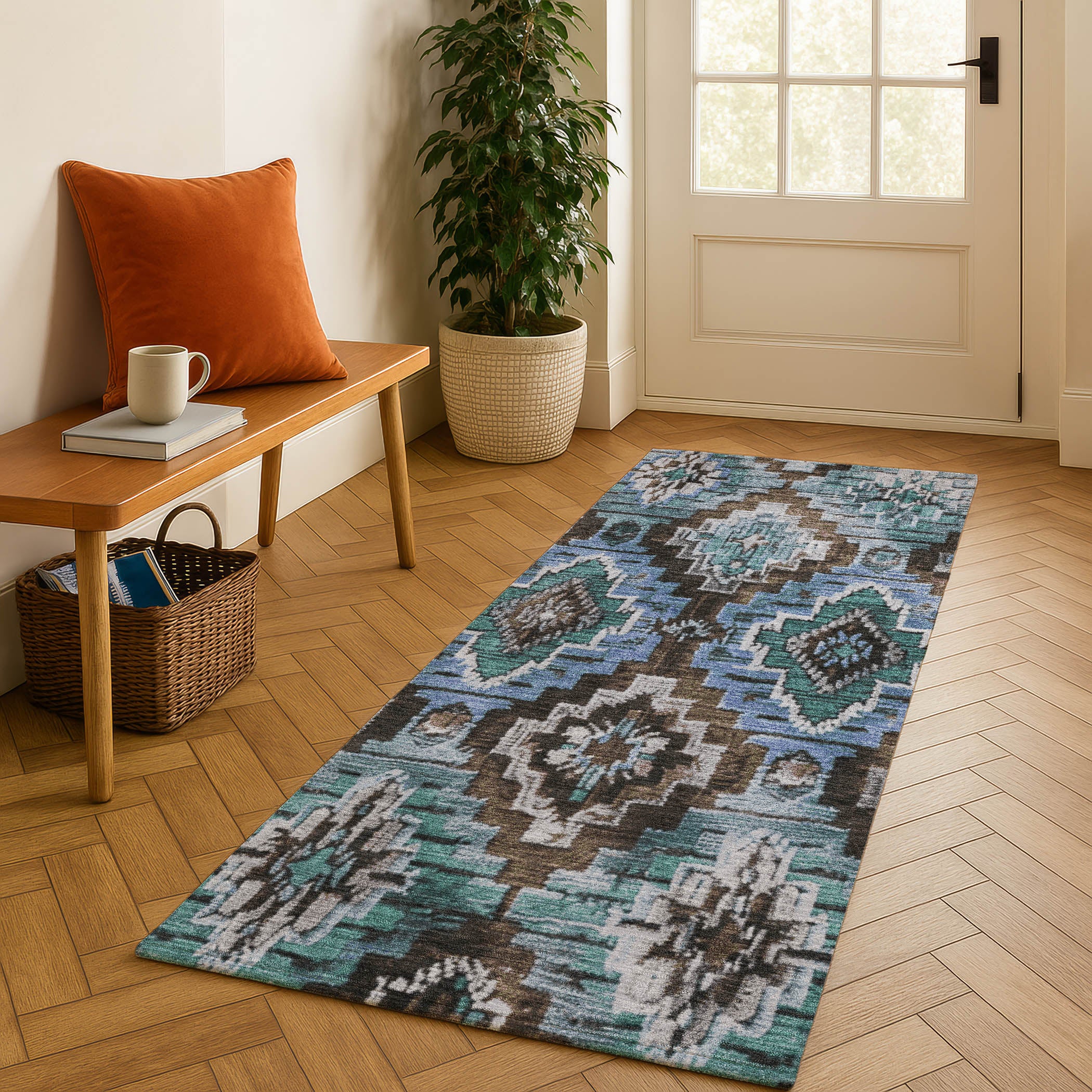 Kathmandu Machine Washable Transitional Brown Rug 2'3" x 7'6" #shape_Runner