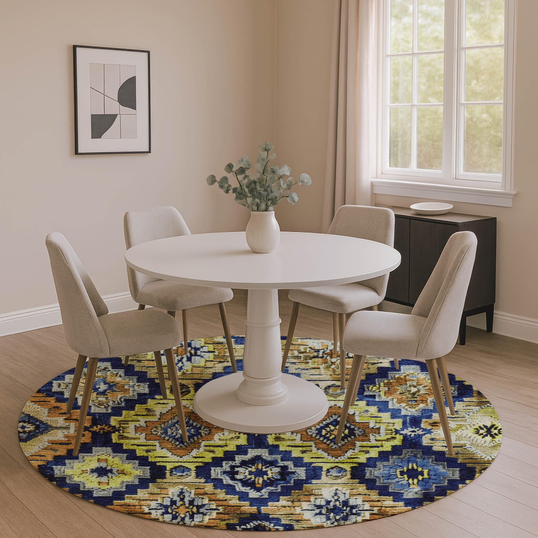 Kathmandu Machine Washable Transitional Navy Blue Rug 8' x 8' #shape_Round