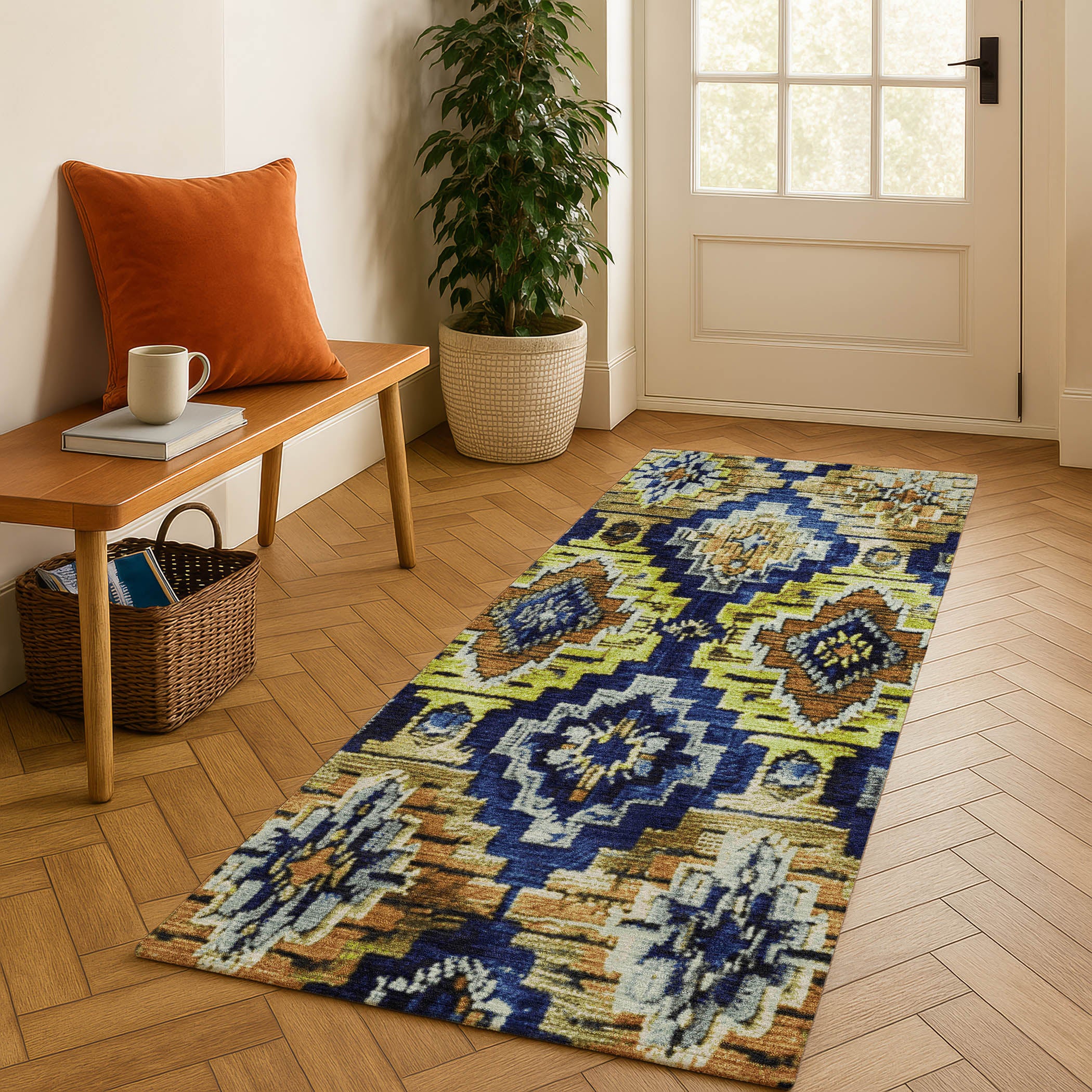Kathmandu Machine Washable Transitional Navy Blue Rug 2'3" x 7'6" #shape_Runner