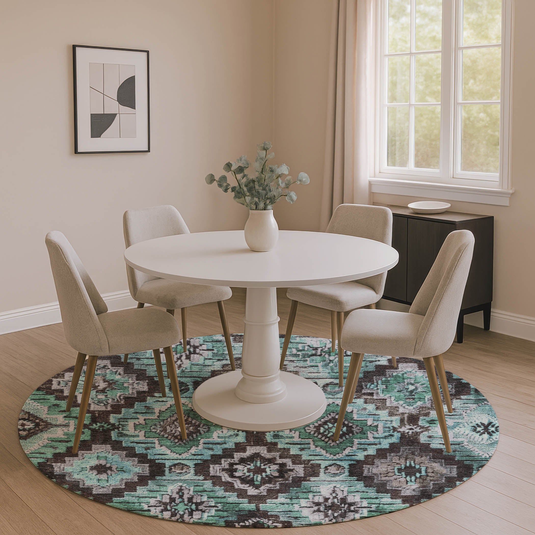 Kathmandu Machine Washable Transitional Teal Rug 8' x 8' #shape_Round