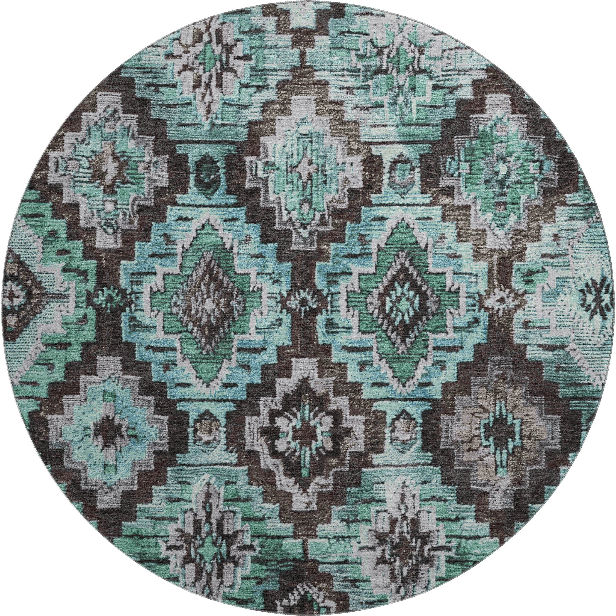 Kathmandu Machine Washable Transitional Teal Rug 8' x 8' #shape_Round