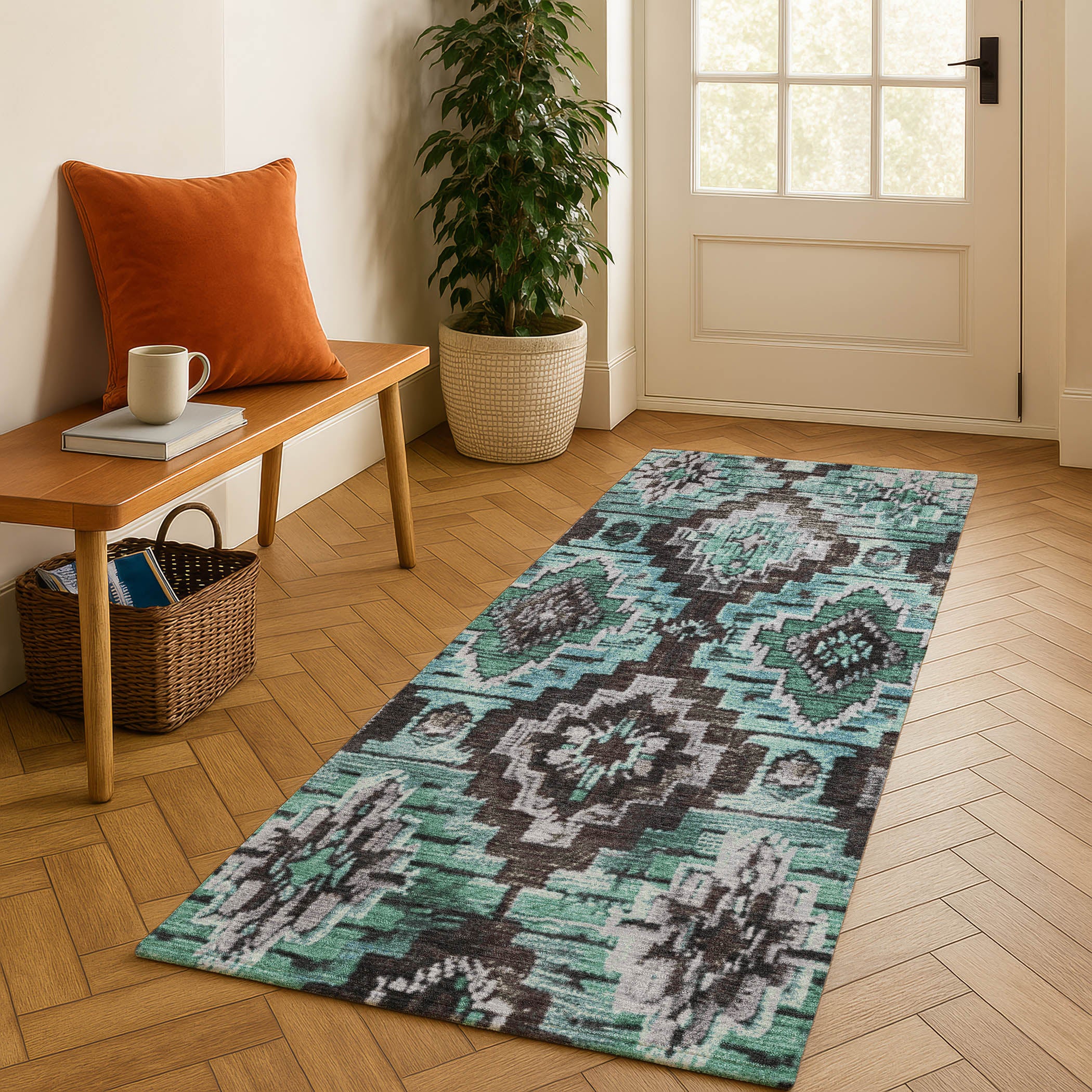 Kathmandu Machine Washable Transitional Teal Rug 2'3" x 7'6" #shape_Runner