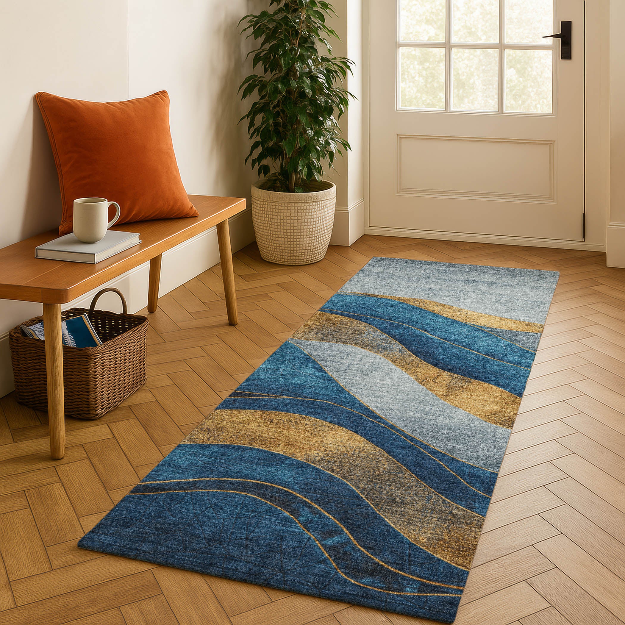 Nairobi Machine Washable Transitional Blue Rug 2'3" x 7'6" #shape_Runner