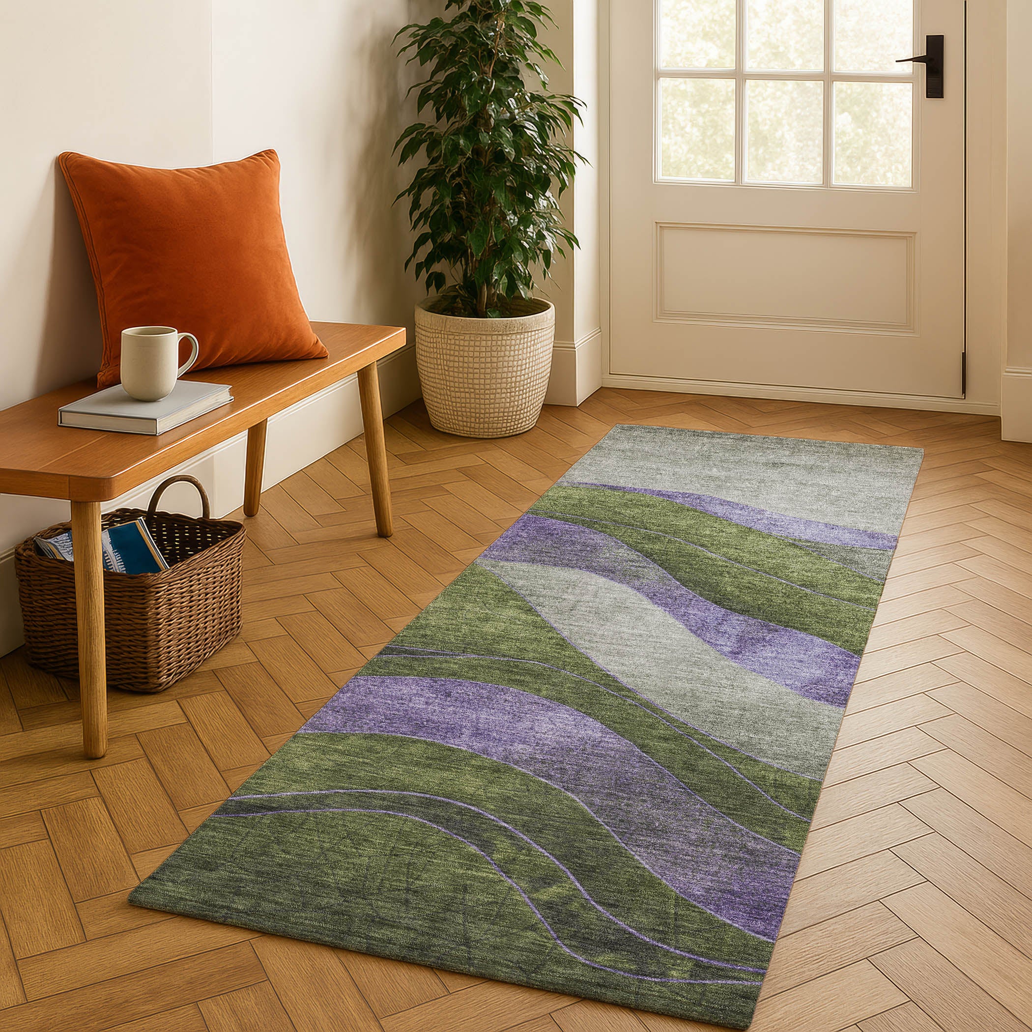 Nairobi Machine Washable Transitional Olive Green Rug 2'3" x 7'6" #shape_Runner