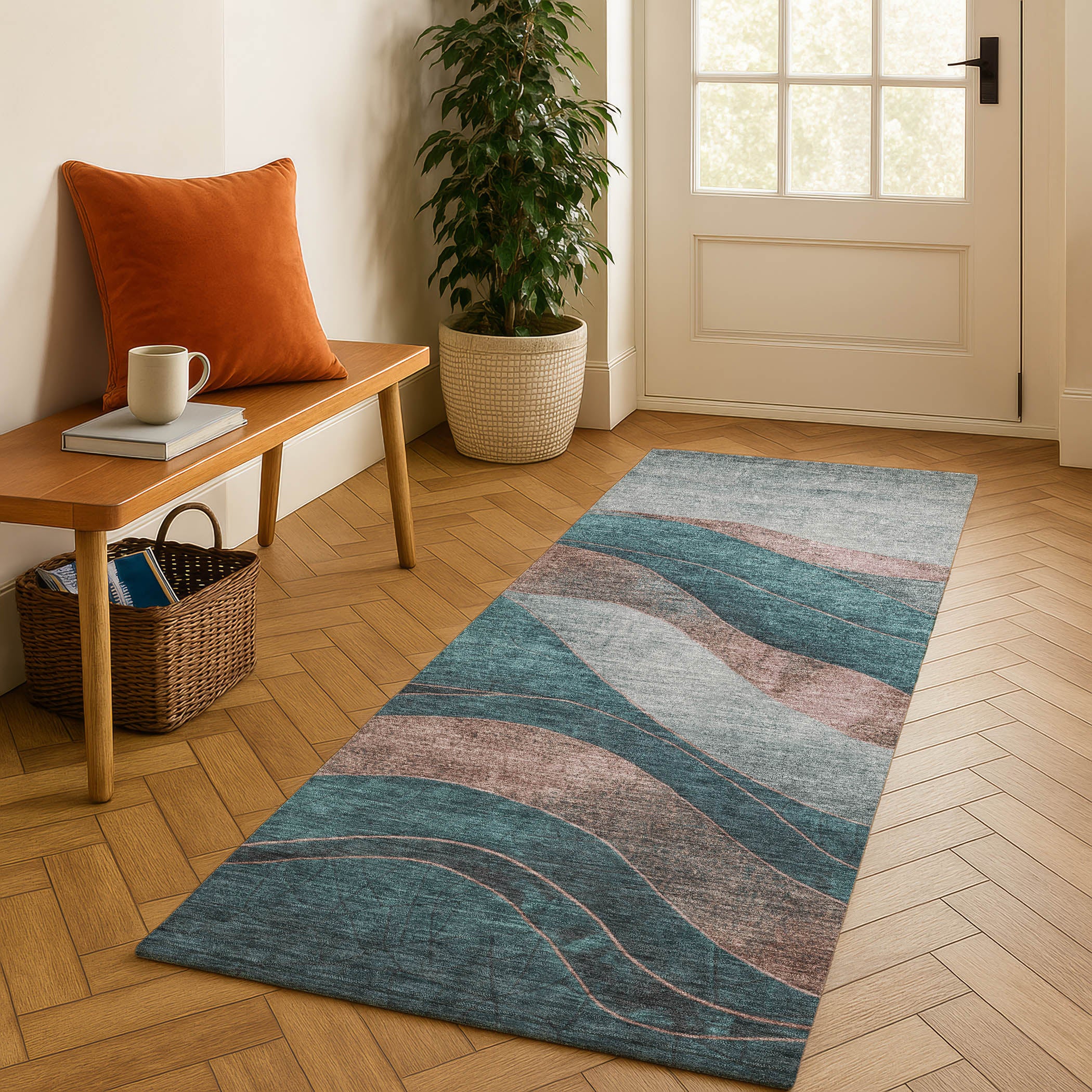 Nairobi Machine Washable Transitional Teal Rug 2'3" x 7'6" #shape_Runner