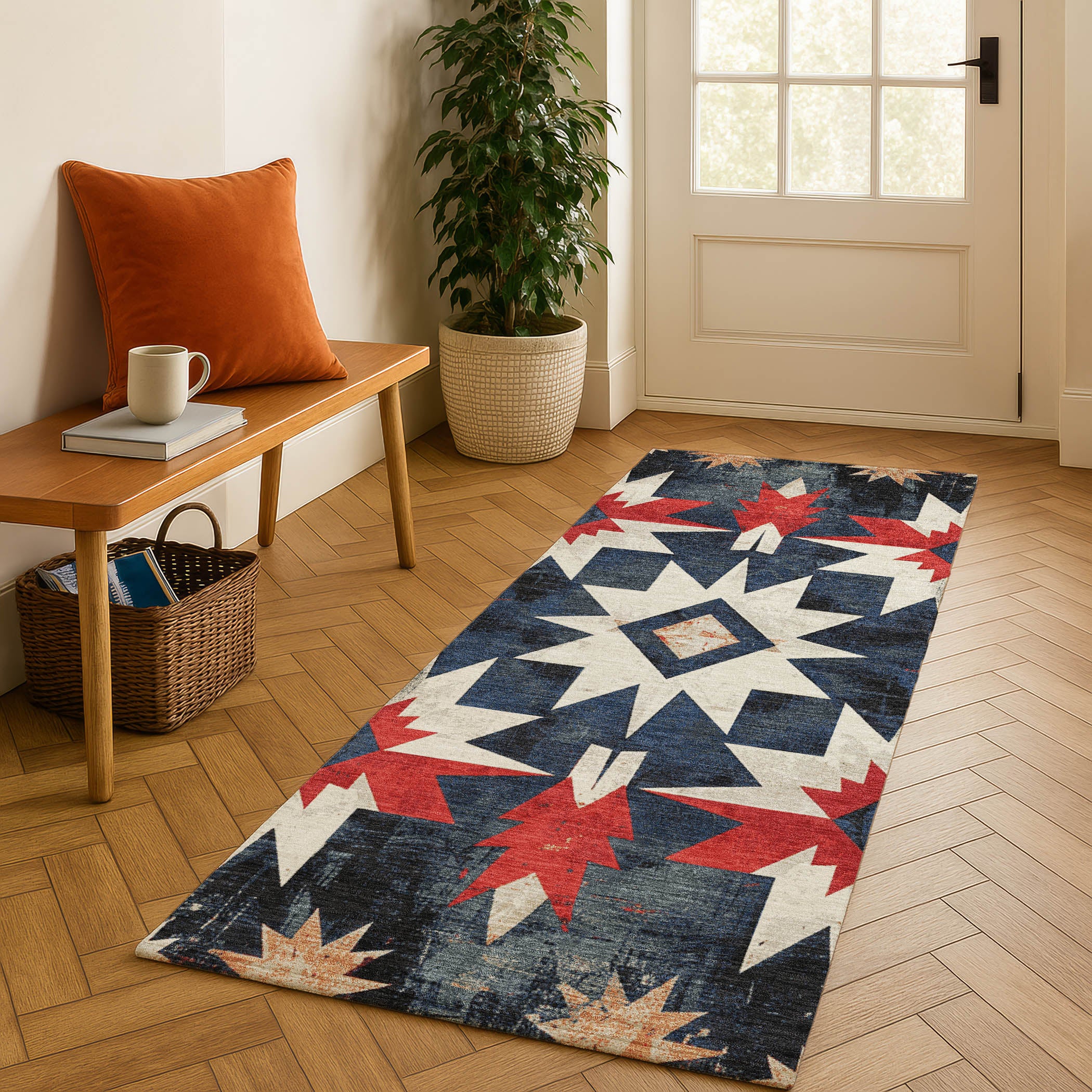 Chiang Mai Machine Washable Transitional Navy Blue Rug 2'3" x 7'6" #shape_Runner