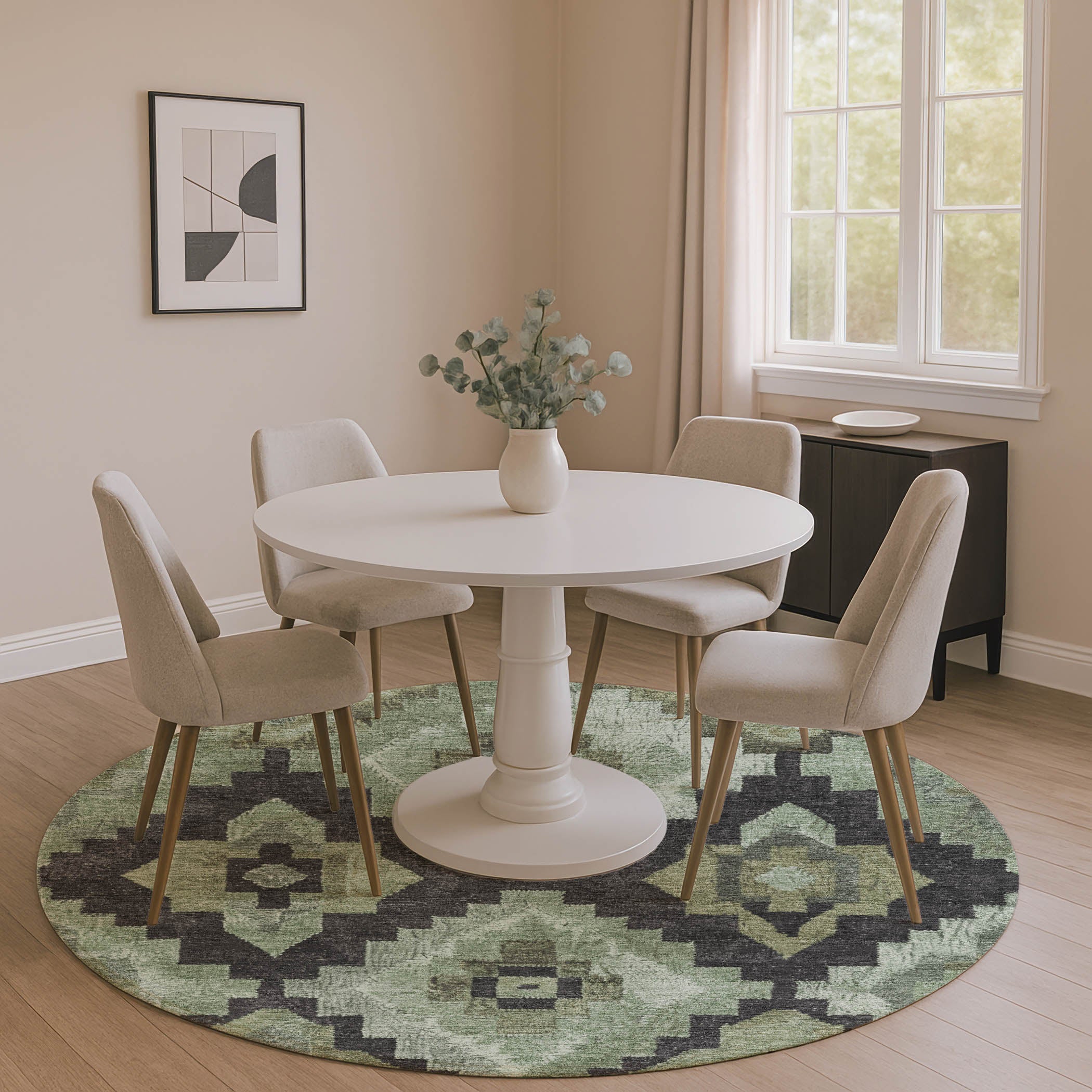 Cusco Machine Washable Transitional Aloe Green Rug 8' x 8' #shape_Round