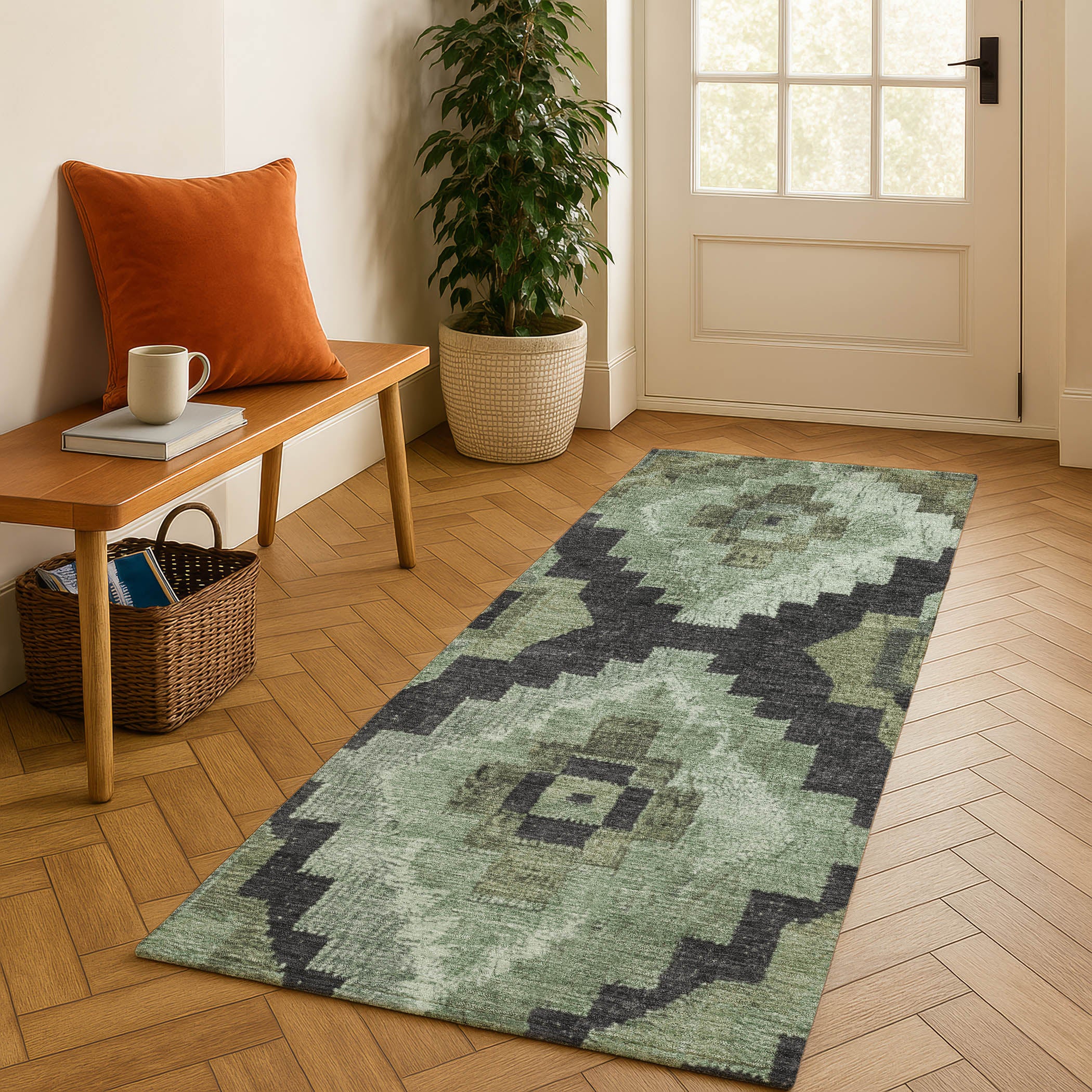 Cusco Machine Washable Transitional Aloe Green Rug 2'3" x 7'6" #shape_Runner
