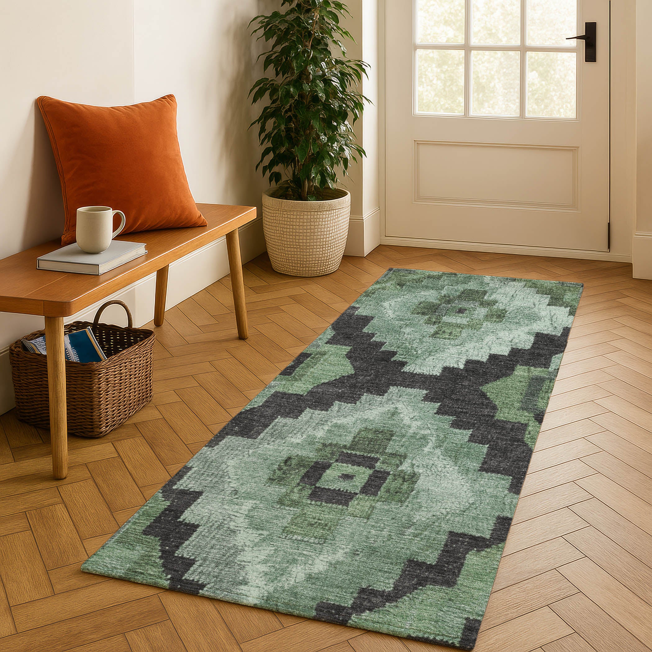 Cusco Machine Washable Transitional Green Rug 2'3" x 7'6" #shape_Runner