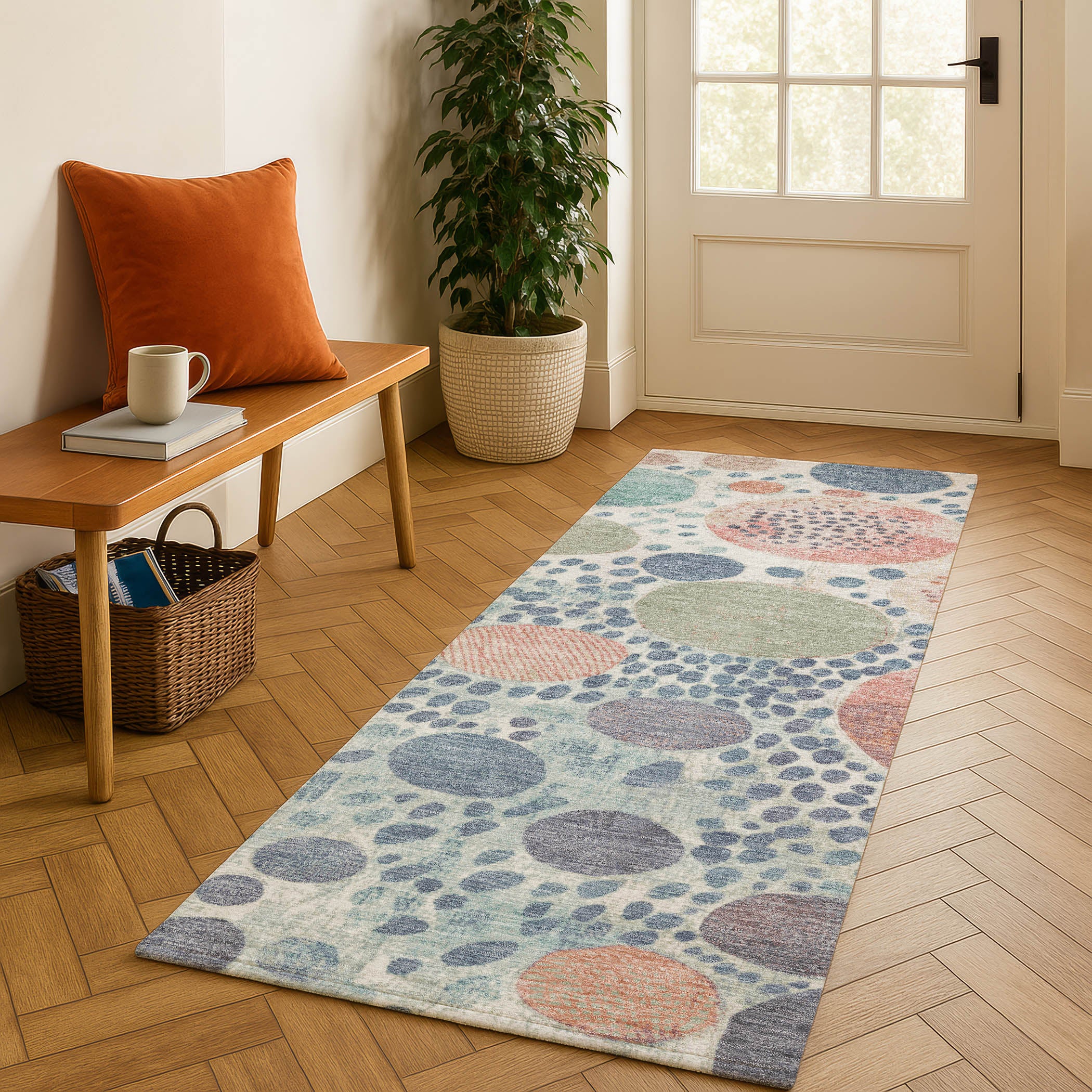 Kathmandu Machine Washable Transitional Denim Blue Rug 2'3" x 7'6" #shape_Runner