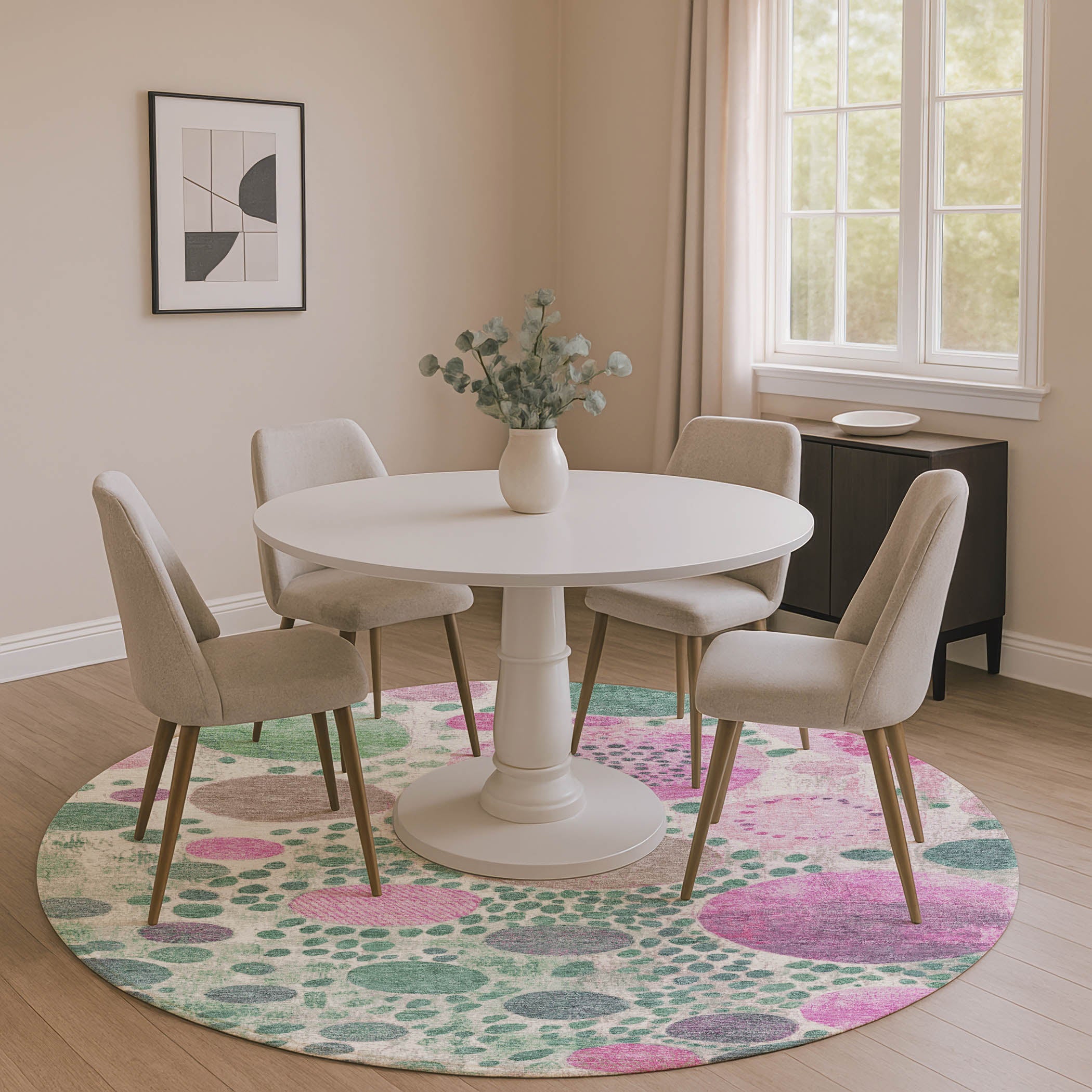 Kathmandu Machine Washable Transitional Green Rug 8' x 8' #shape_Round