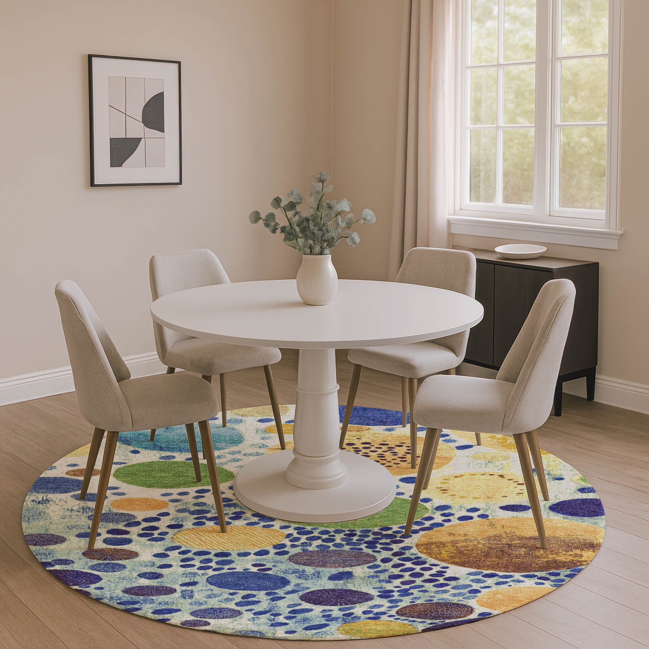 Kathmandu Machine Washable Transitional Navy Blue Rug 8' x 8' #shape_Round