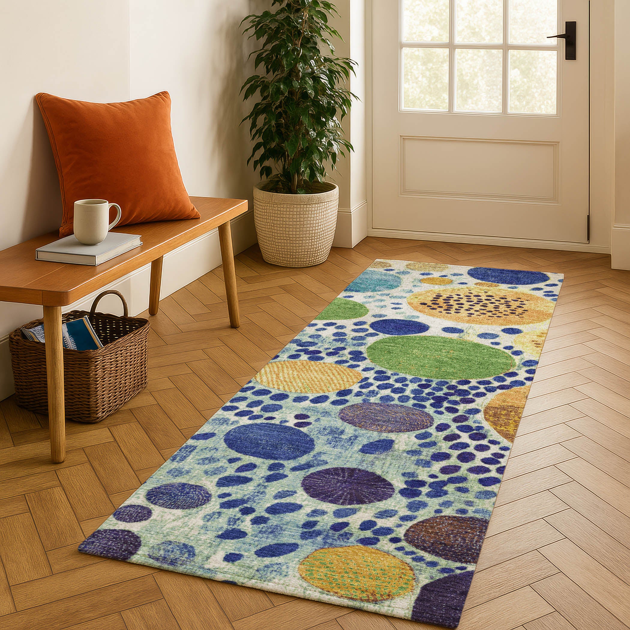 Kathmandu Machine Washable Transitional Navy Blue Rug 2'3" x 7'6" #shape_Runner