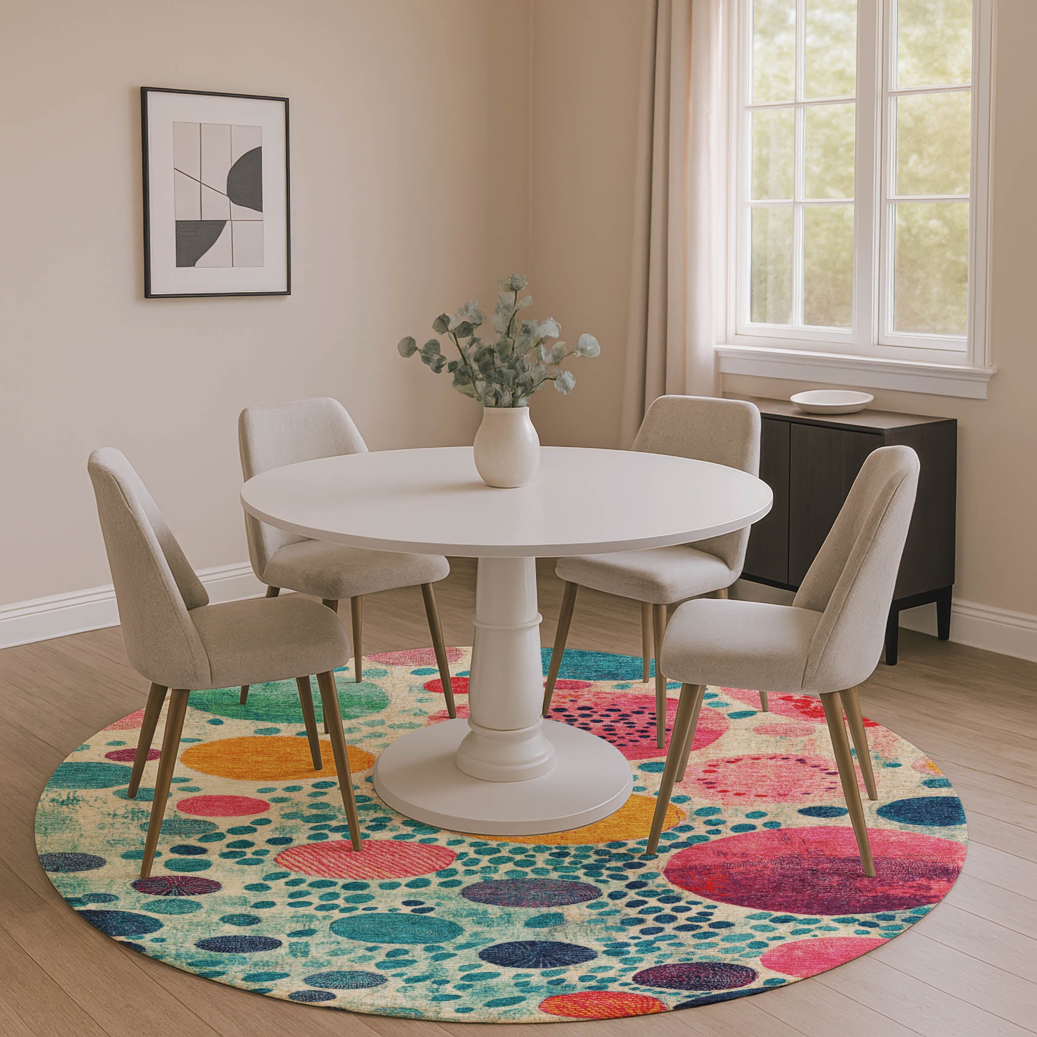 Kathmandu Machine Washable Transitional Teal Rug 8' x 8' #shape_Round