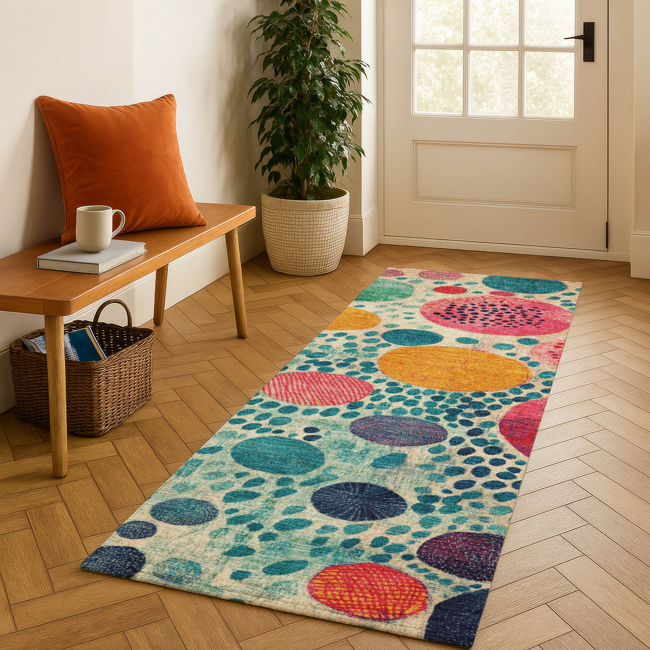 Kathmandu Machine Washable Transitional Teal Rug 2'3" x 7'6" #shape_Runner