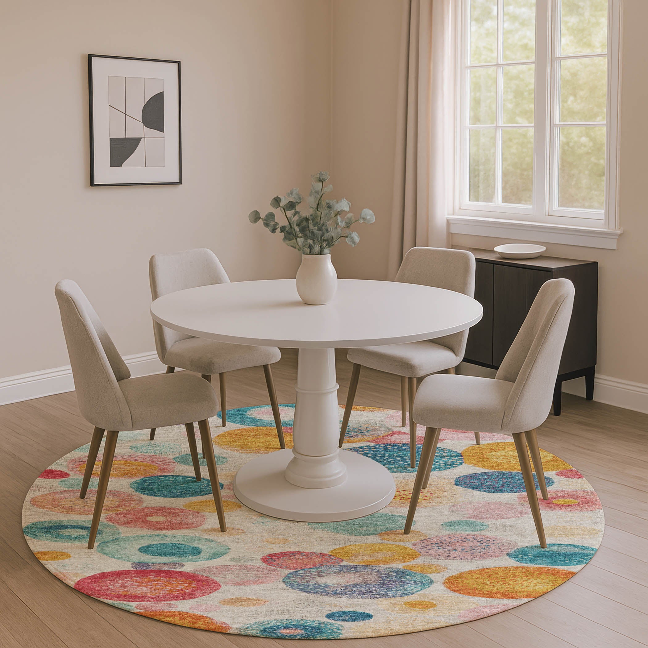 Santorini Machine Washable Transitional Beige Brown Rug 8' x 8' #shape_Round
