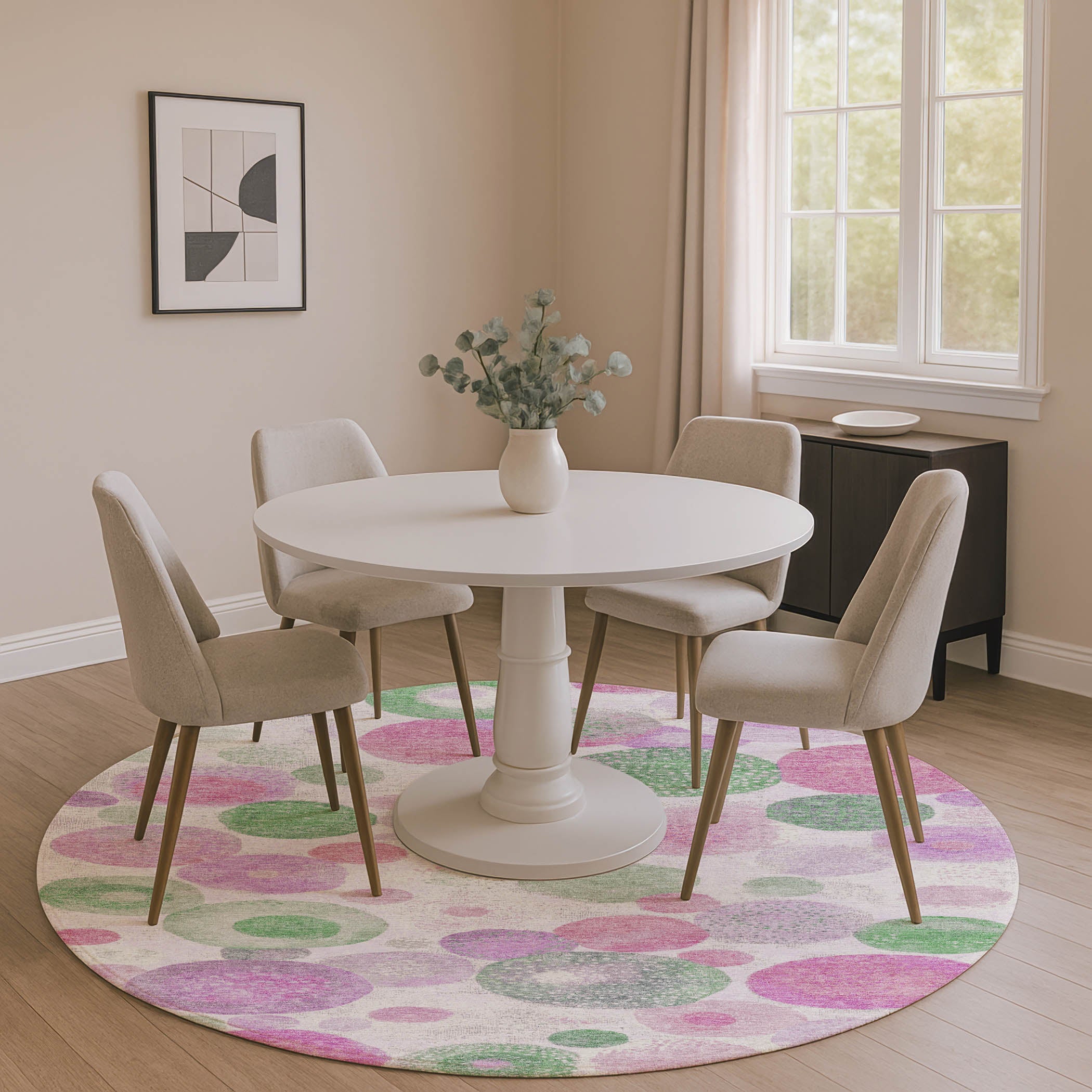 Santorini Machine Washable Transitional Pink Rug 8' x 8' #shape_Round