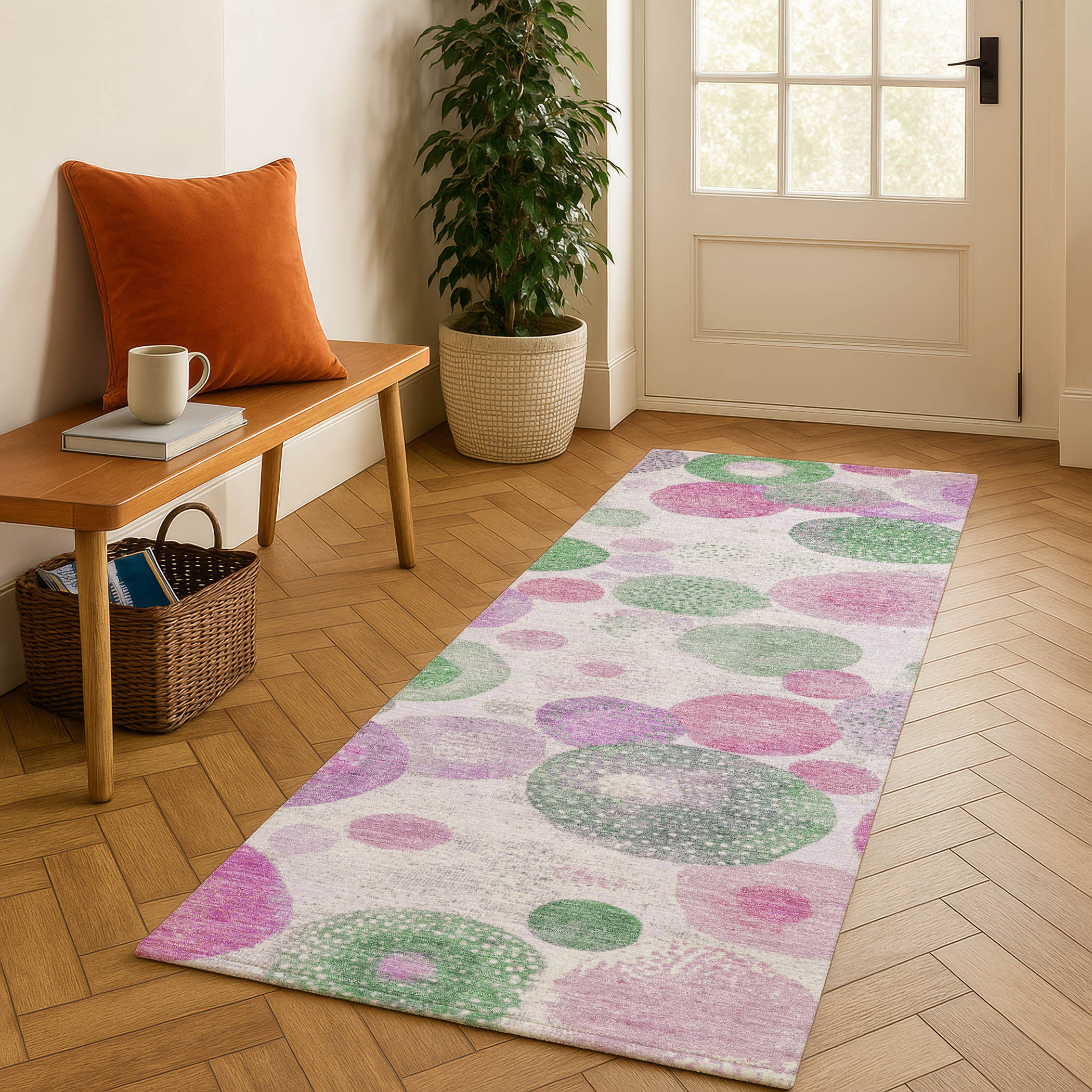 Santorini Machine Washable Transitional Pink Rug 2'3" x 7'6" #shape_Runner