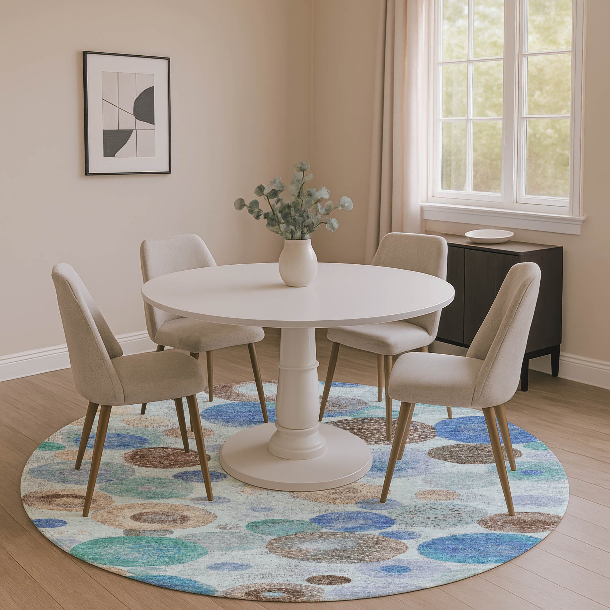 Santorini Machine Washable Transitional Teal Rug 8' x 8' #shape_Round