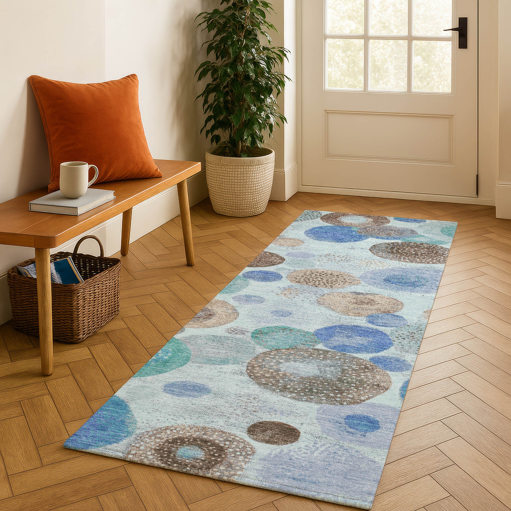 Santorini Machine Washable Transitional Teal Rug 2'3" x 7'6" #shape_Runner