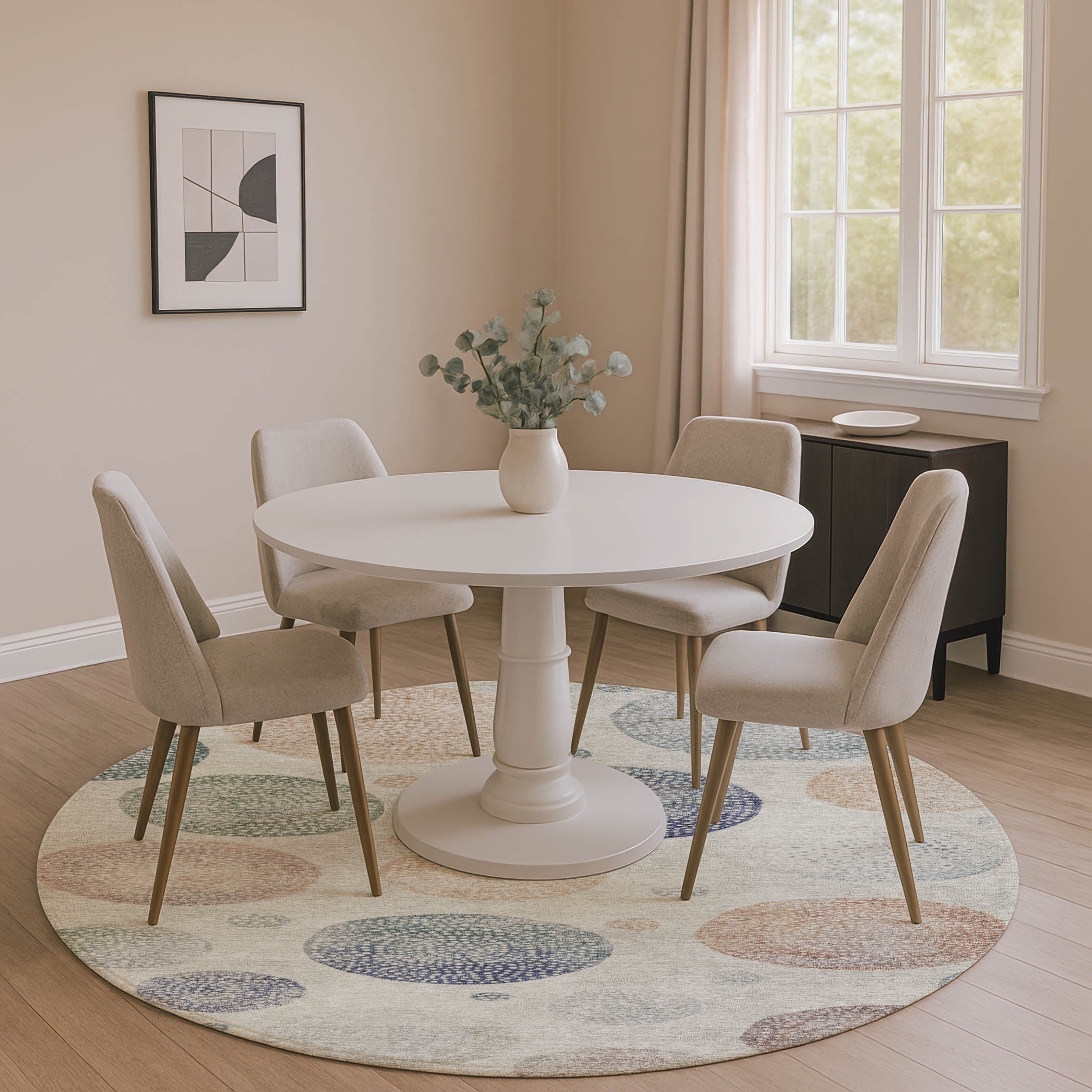Cusco Machine Washable Transitional Beige Brown Rug 8' x 8' #shape_Round