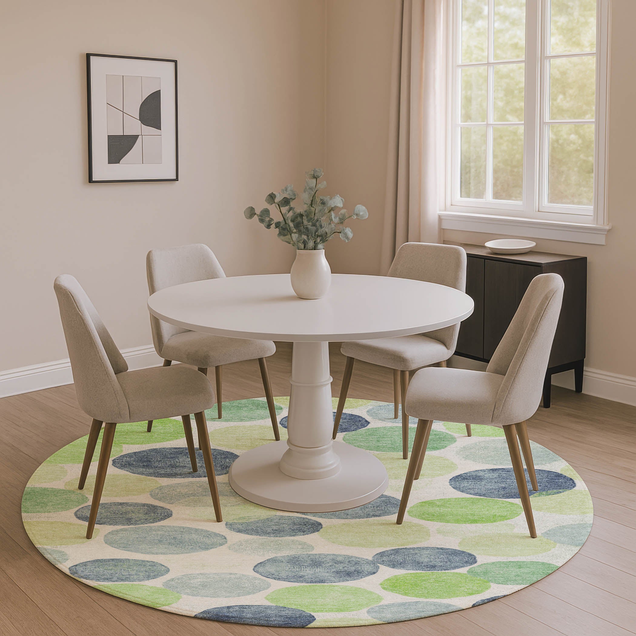Split Machine Washable Transitional Navy Blue Rug 8' x 8' #shape_Round