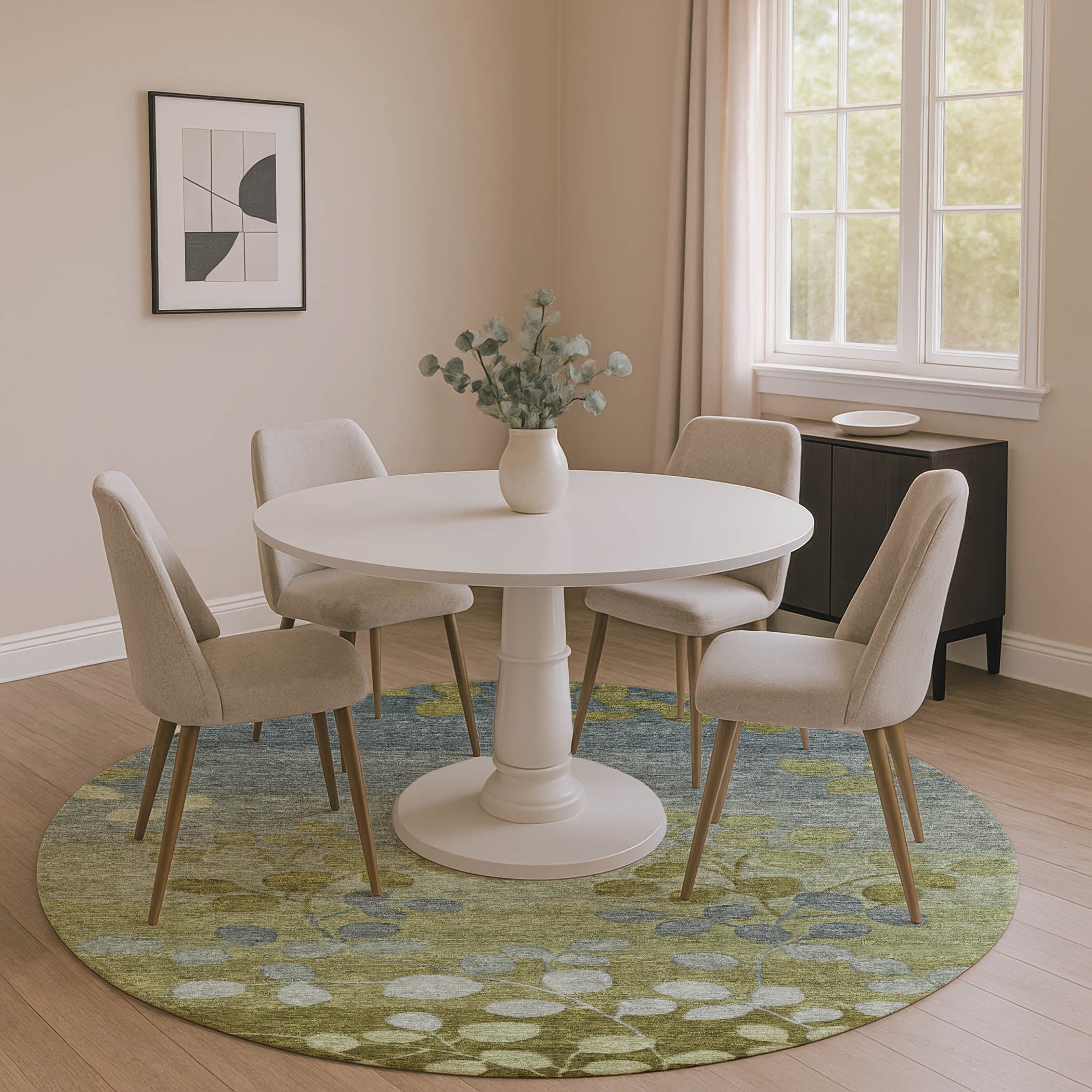 Dubrovnik Machine Washable Transitional Olive Green Rug 8' x 8' #shape_Round