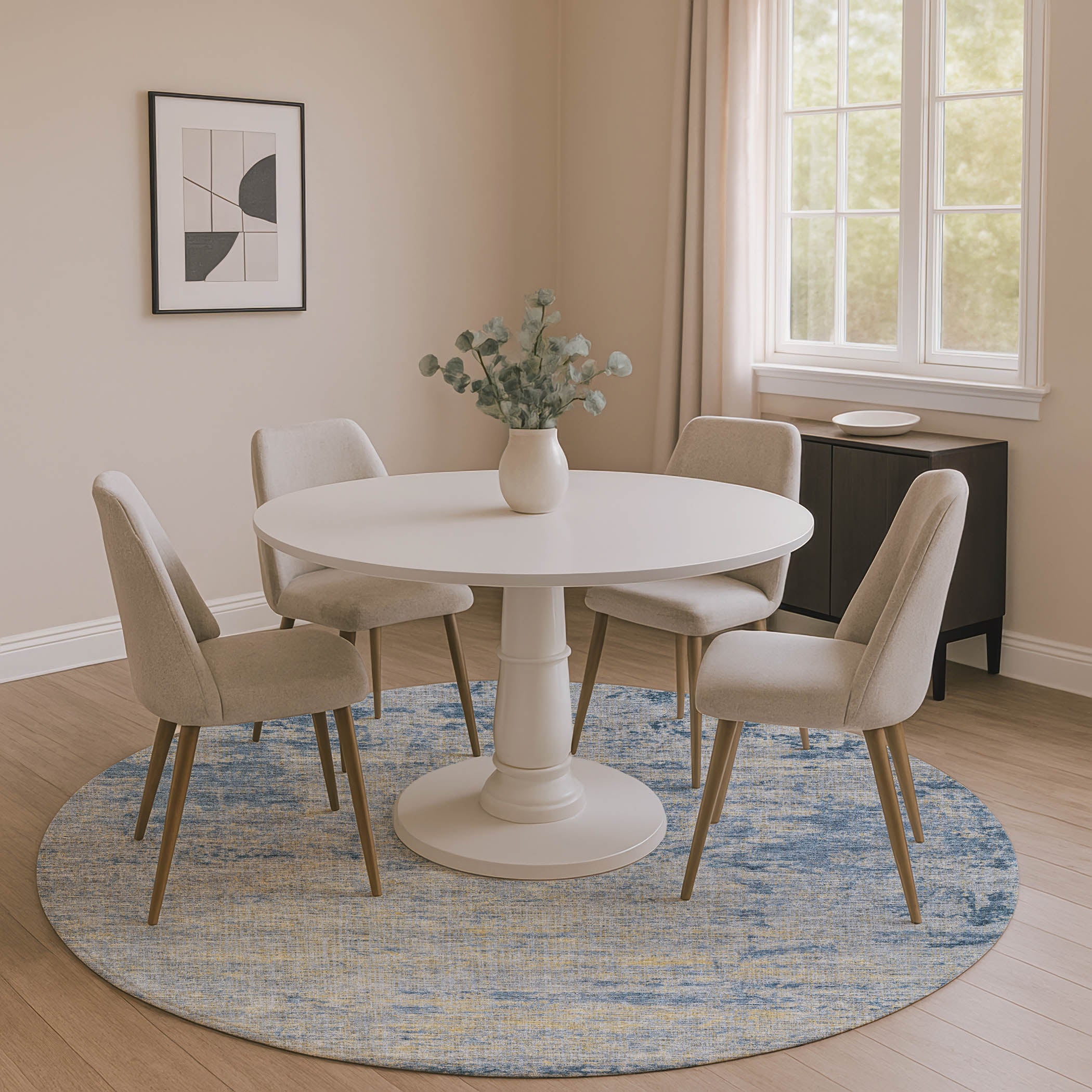 Kathmandu Machine Washable Transitional Navy Blue Rug 8' x 8' #shape_Round