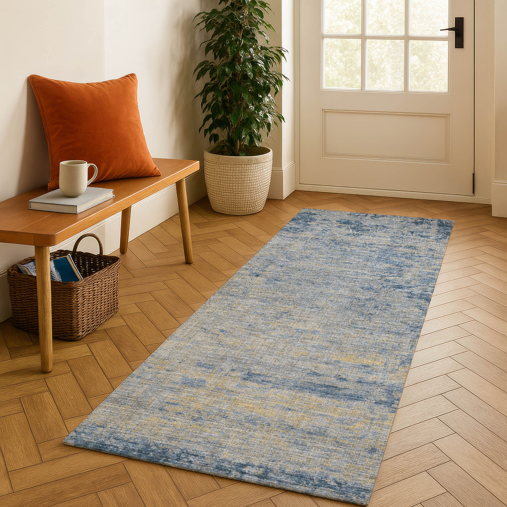 Kathmandu Machine Washable Transitional Navy Blue Rug 2'3" x 7'6" #shape_Runner
