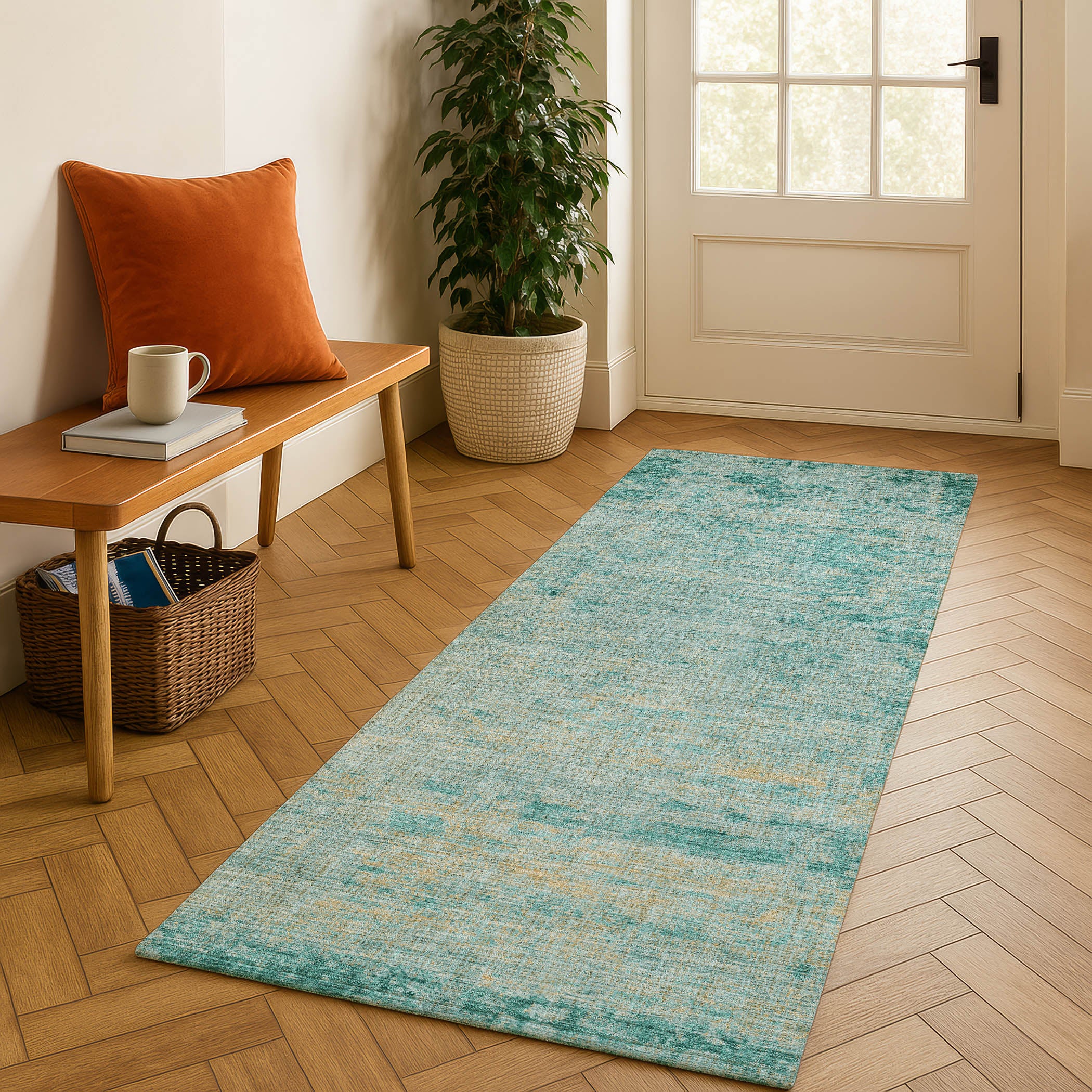 Kathmandu Machine Washable Transitional Teal Rug 2'3" x 7'6" #shape_Runner