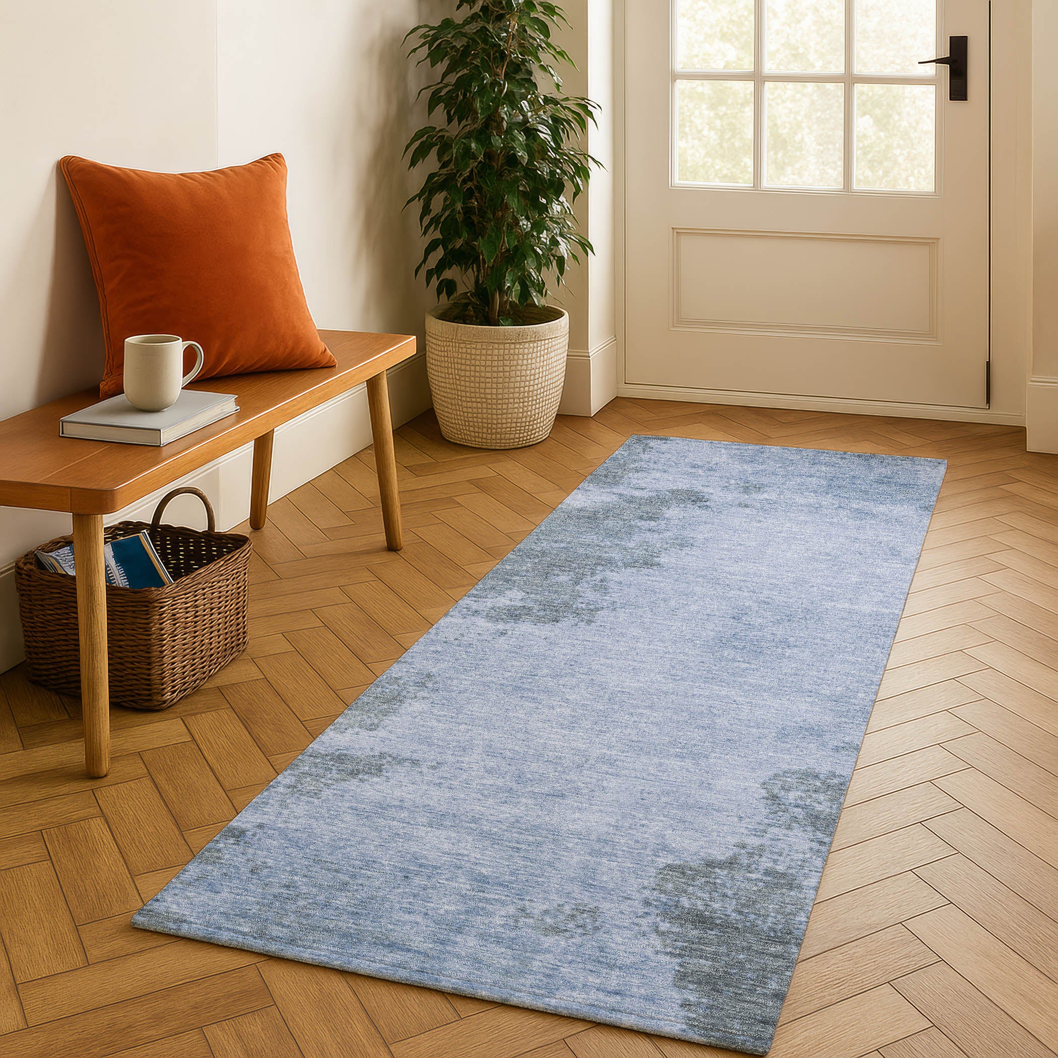 Bern Machine Washable Transitional Blue Rug 2'3" x 7'6" #shape_Runner