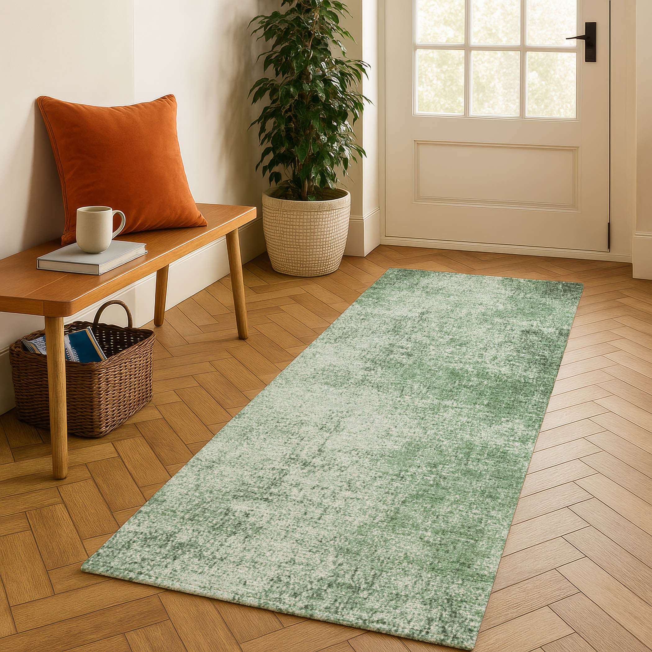 Sintra Machine Washable Transitional Green Rug 2'3" x 7'6" #shape_Runner