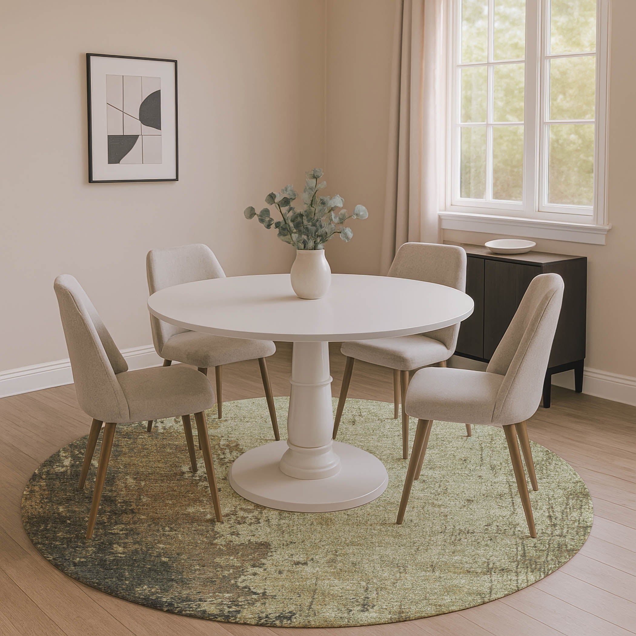 Lisbon Machine Washable Transitional Olive Green Rug 8' x 8' #shape_Round