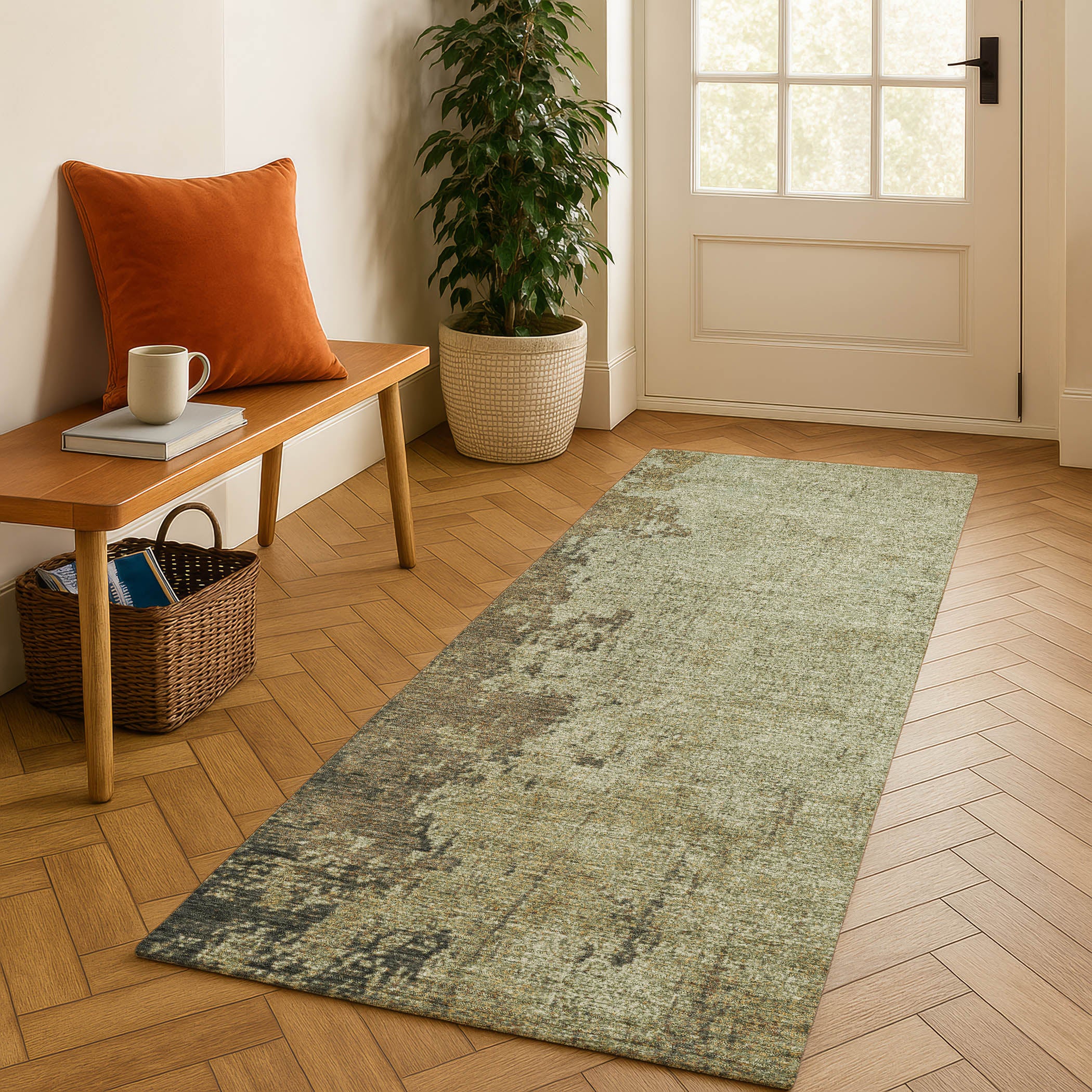 Lisbon Machine Washable Transitional Olive Green Rug 2'3" x 7'6" #shape_Runner