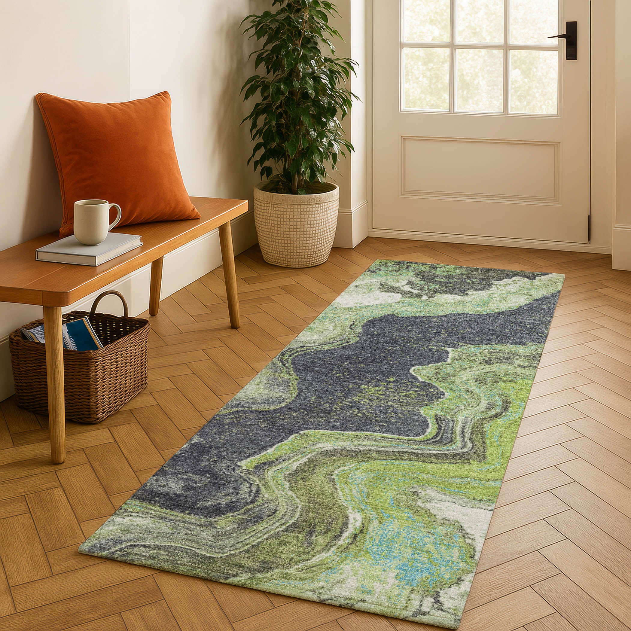 Hoi An Machine Washable Transitional Aloe Green Rug 2'3" x 7'6" #shape_Runner