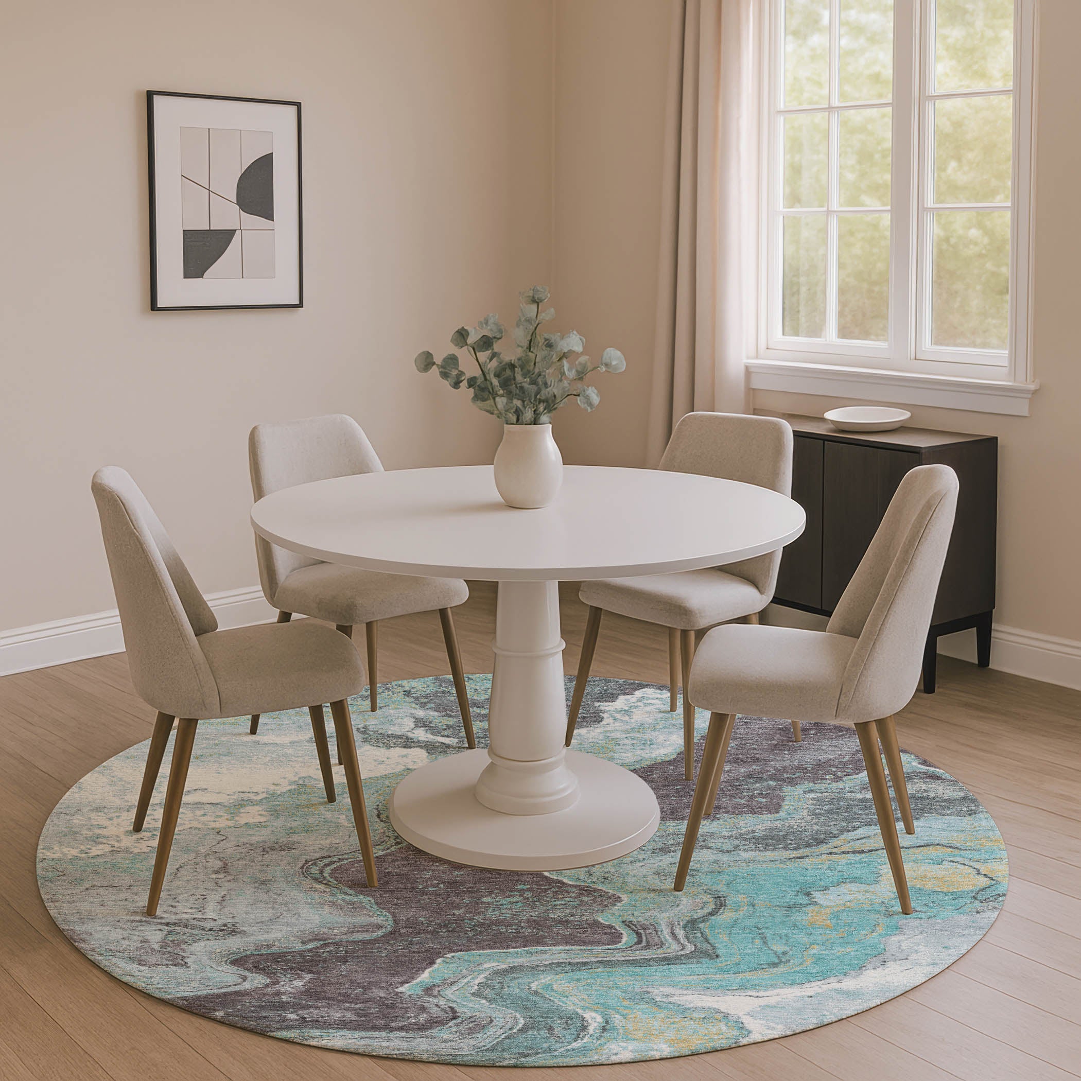 Hoi An Machine Washable Transitional Teal Rug 8' x 8' #shape_Round