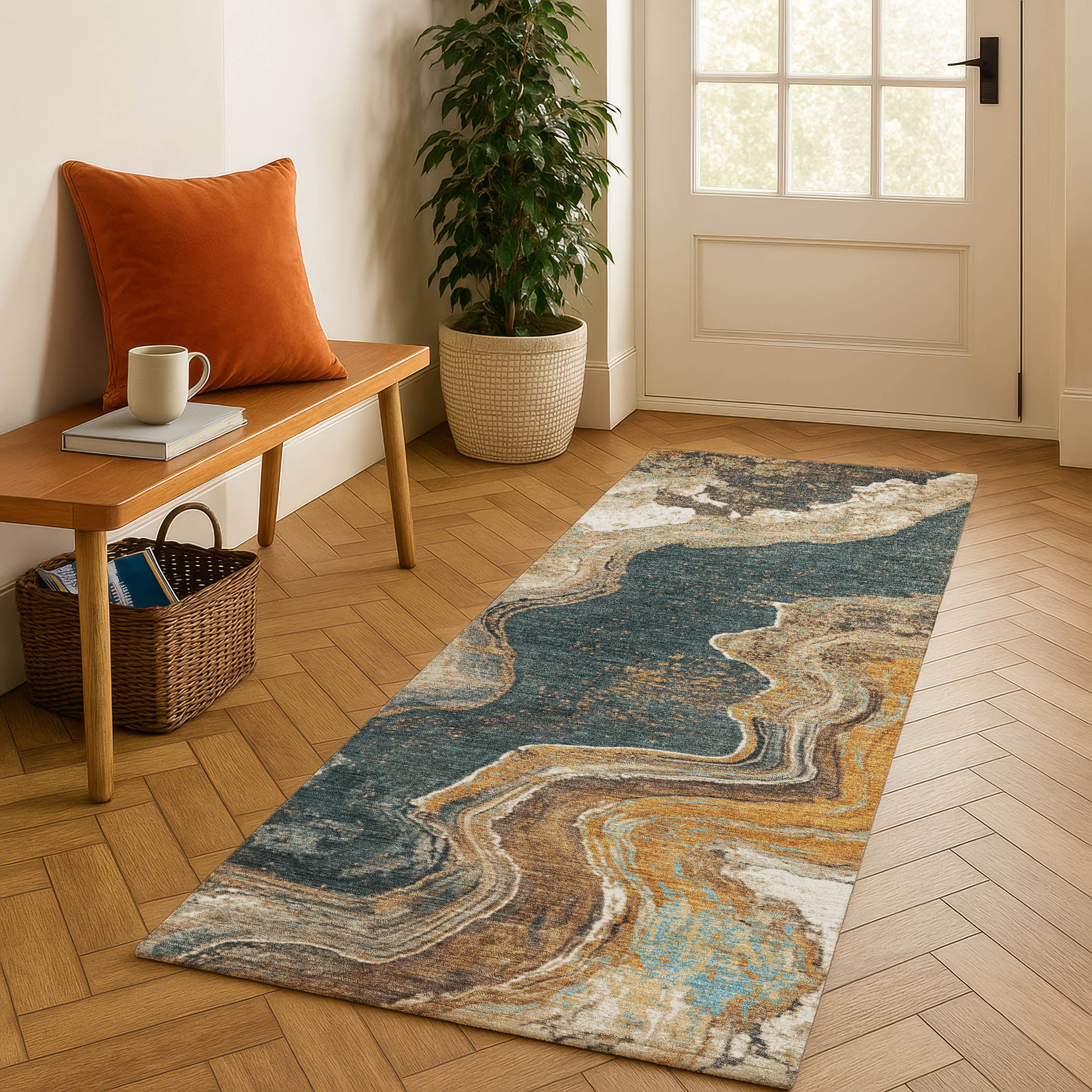 Hoi An Machine Washable Transitional Wheat Gold Rug 2'3" x 7'6" #shape_Runner