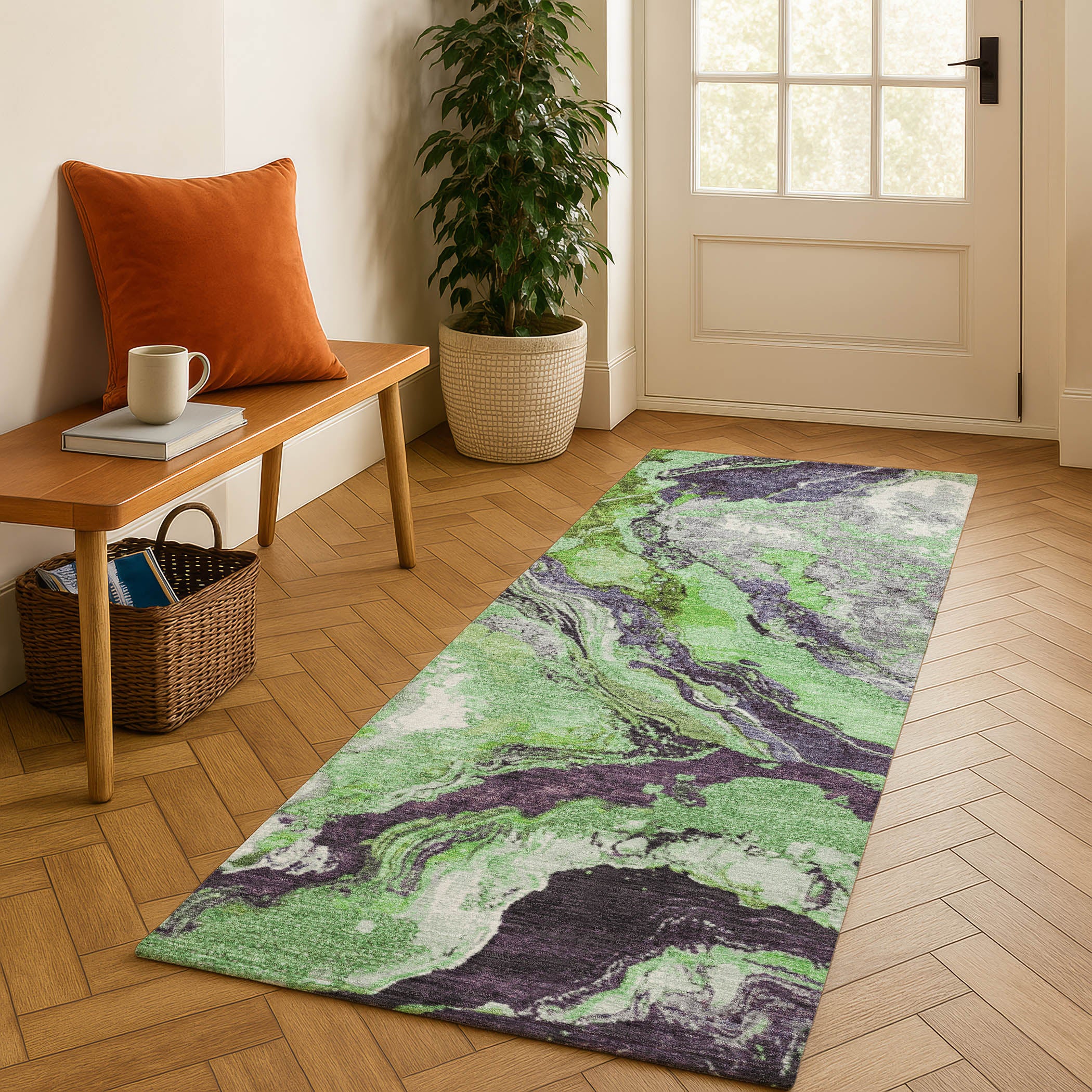 Bern Machine Washable Transitional Green Rug 2'3" x 7'6" #shape_Runner