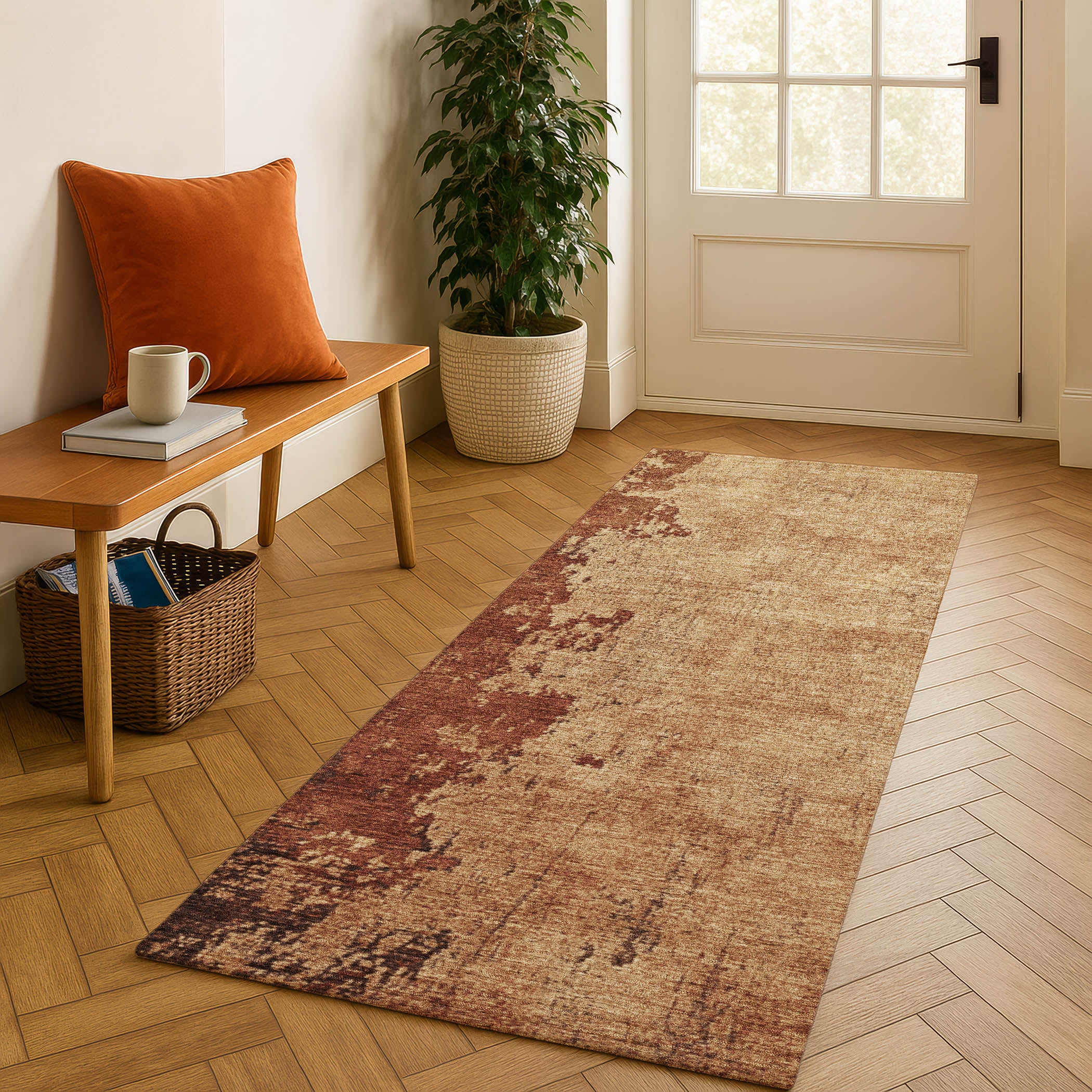 Kotor Machine Washable Transitional Tan Brown Rug 2'3" x 7'6" #shape_Runner