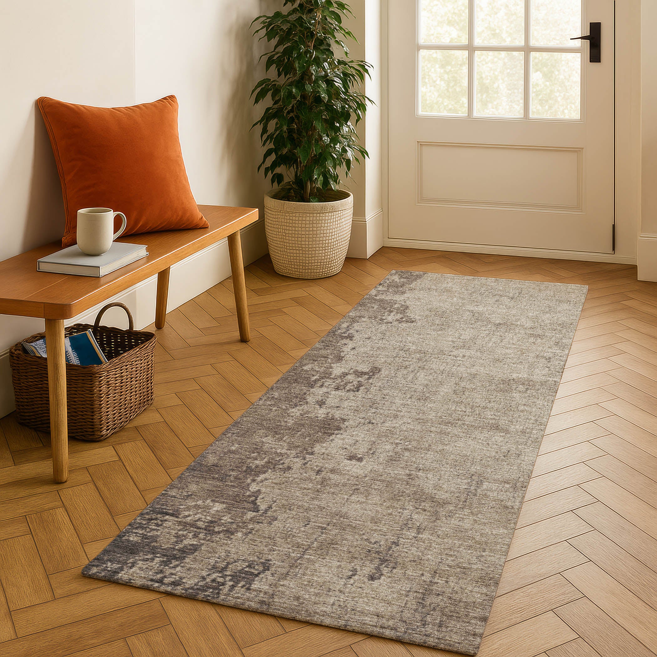 Kotor Machine Washable Transitional Taupe Brown Rug 2'3" x 7'6" #shape_Runner