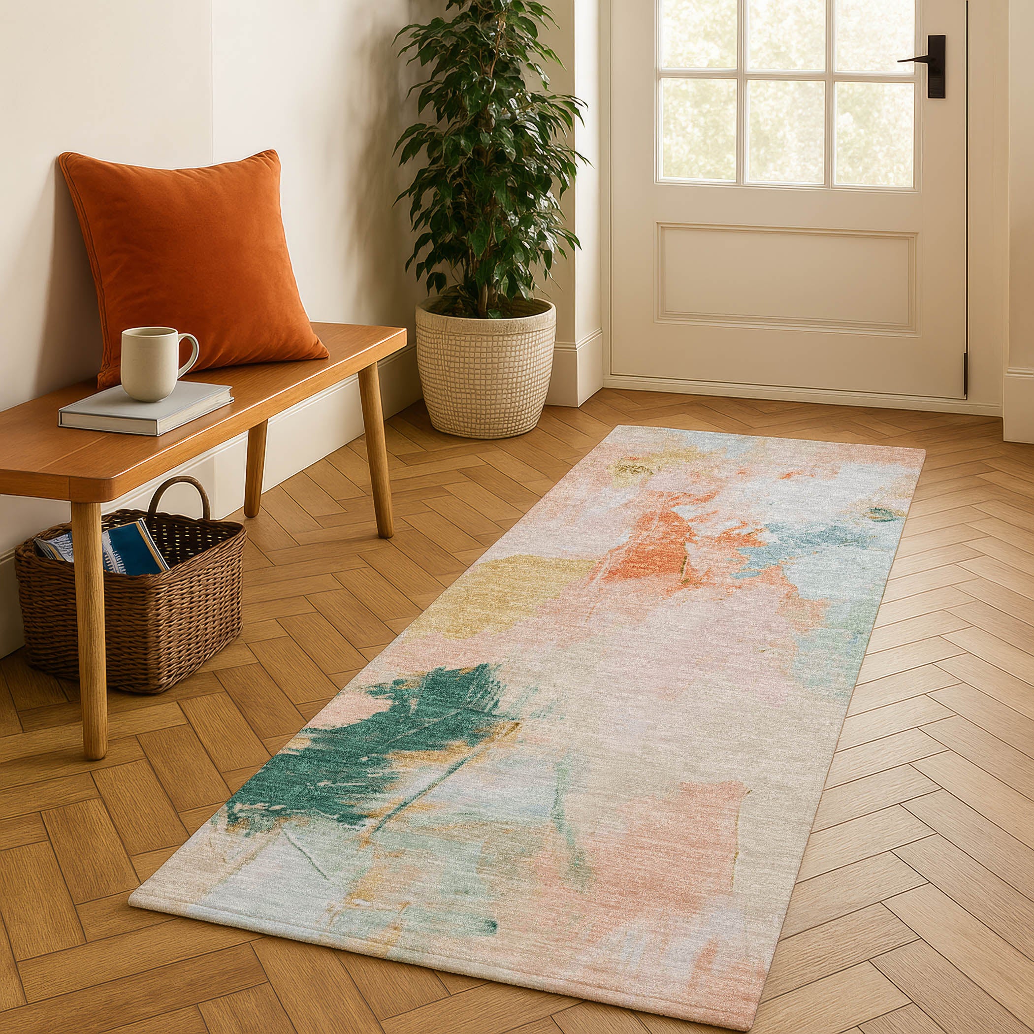 Reykjavik Machine Washable Transitional Peach Orange Rug 2'3" x 7'6" #shape_Runner